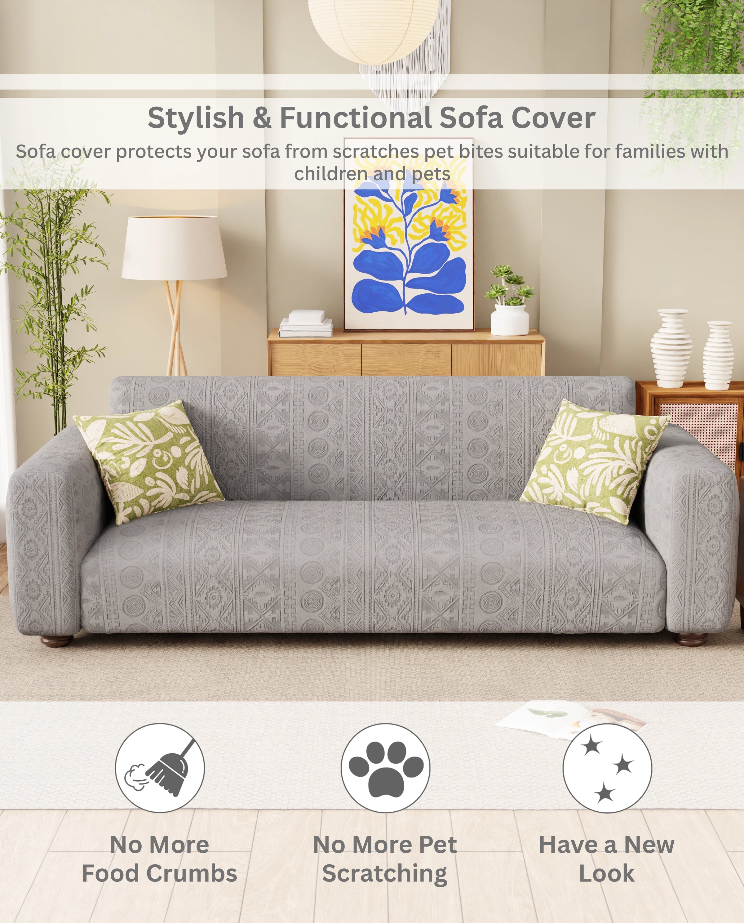 Lukzer Pastel Shades Textured Sofa Cover - Light Grey Tribal Design (SC-072-01)