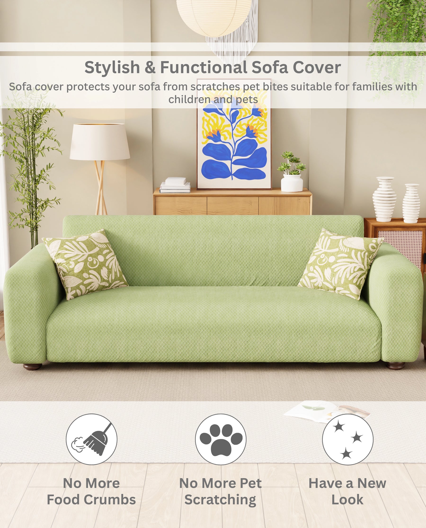 Lukzer Pastel Shades Textured Sofa Cover - Green Curved Diamond (SC-085-01)