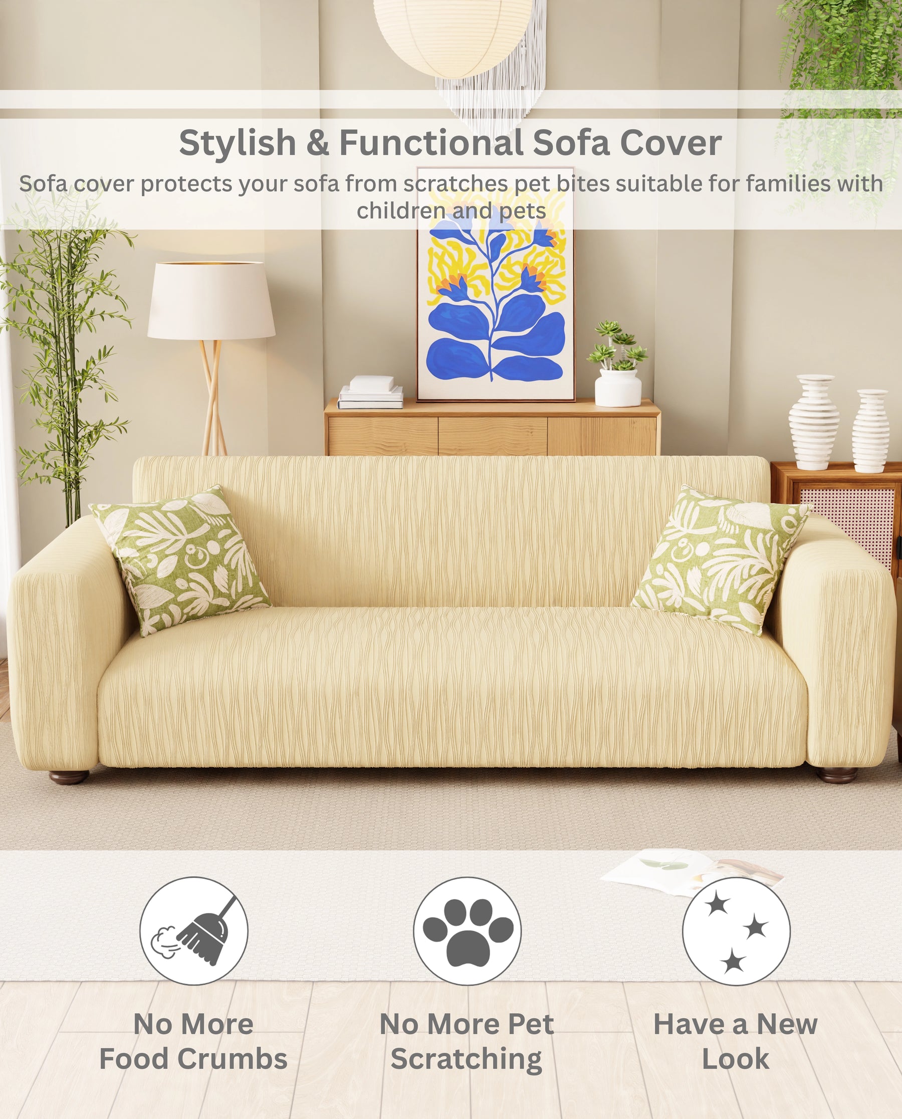 Lukzer Pastel Shades Textured Sofa Cover - Yellow Wavy Stripes (SC-083-01)