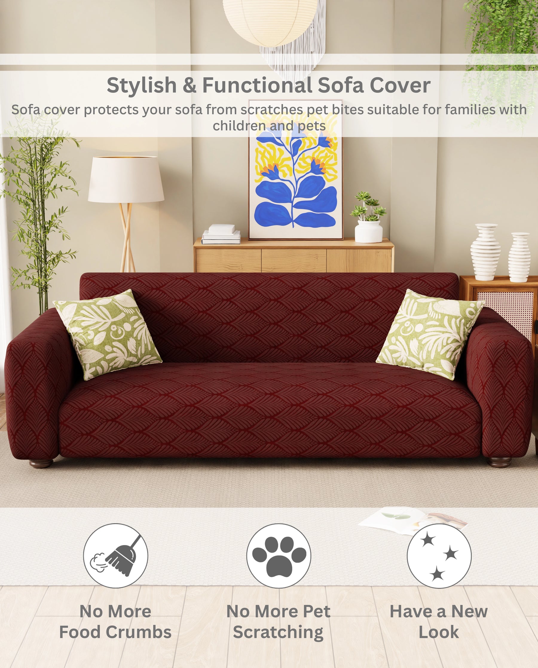 Lukzer Pastel Shades Textured Sofa Cover - Deep Maroon Leaf Trail (SC-130-01)