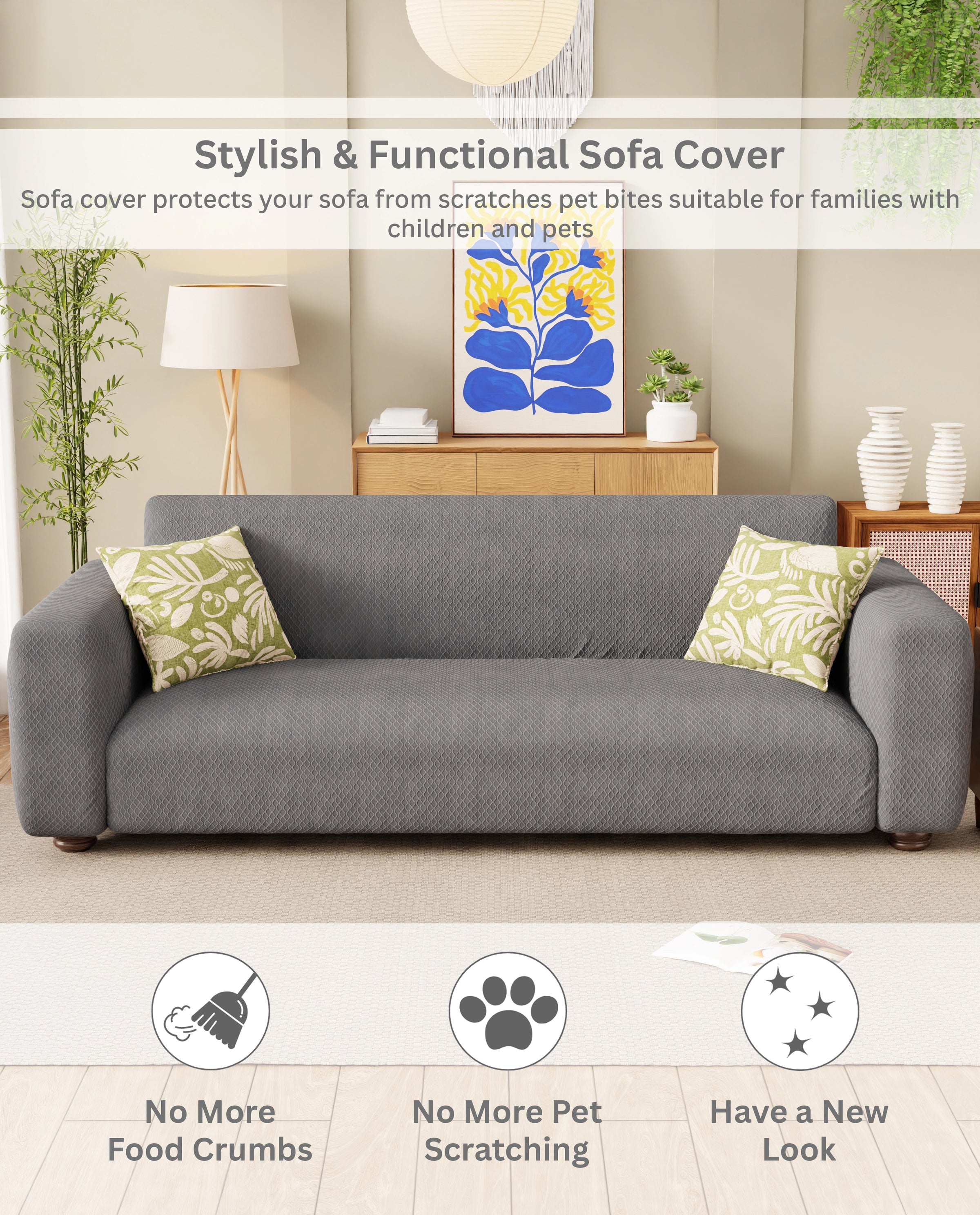 Lukzer Pastel Shades Textured Sofa Cover -  Dark Grey Curved Diamond (SC-150-01)