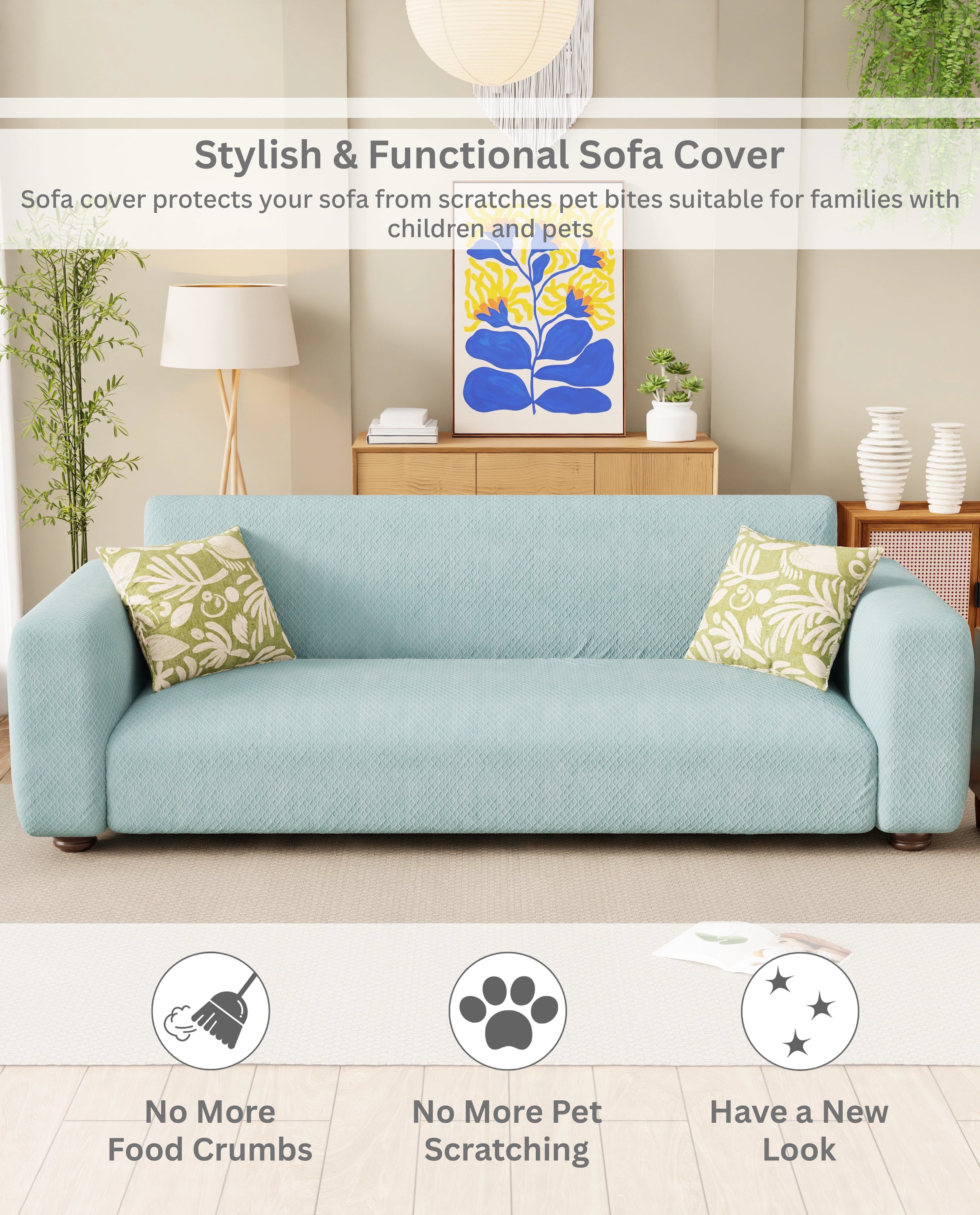 Lukzer Pastel Shades Textured Sofa Cover - Blue Curved Diamond (SC-086-01)