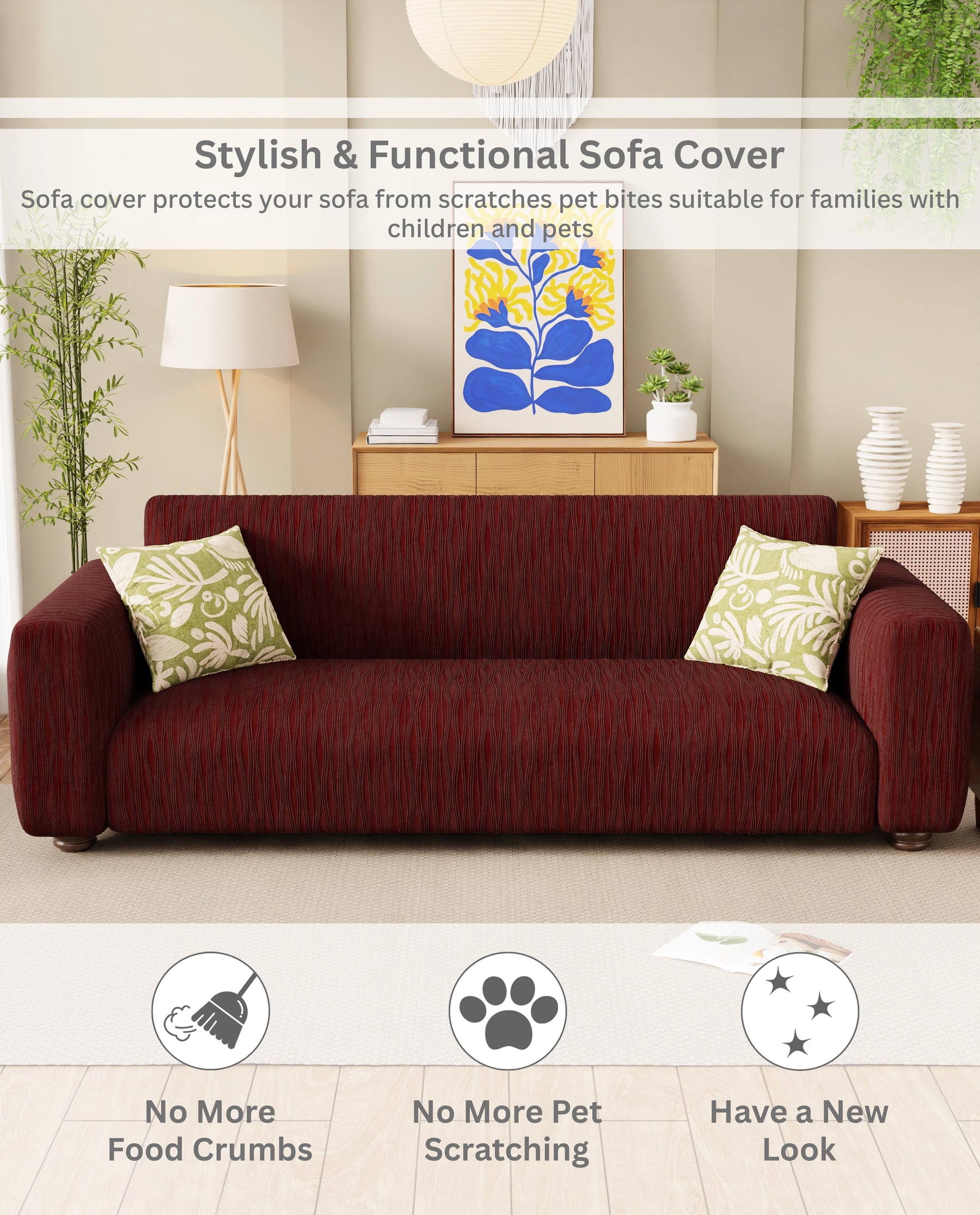 Lukzer Pastel Shades Textured Sofa Cover - Deep Maroon Wavy Stripes (SC-148-01)