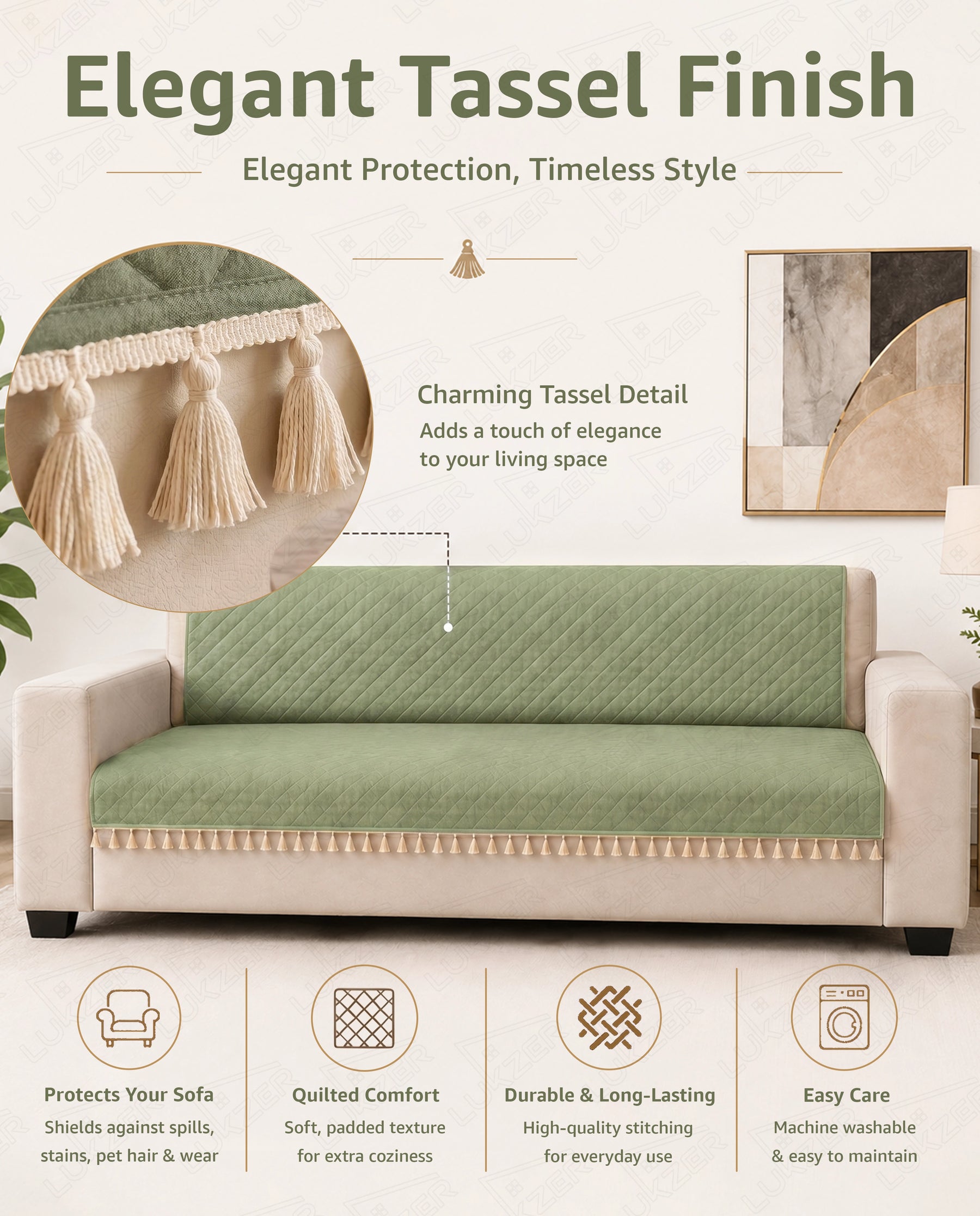 Lukzer 2 Seater Quilted Sofa Cover Mat with Tassels - Mint Green - SC-199-02T