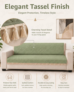 Lukzer 2 Seater Quilted Sofa Cover Mat with Tassels - Mint Green - SC-199-02T
