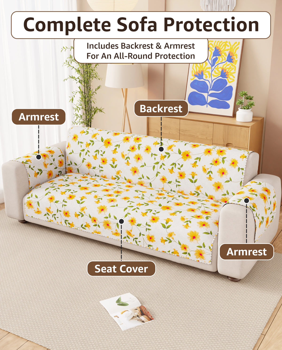 Lukzer Quilted Reversible Terra Bloom Sofa Mat with WaveEdge Ultrasonic Cut (WITH BACK & HAND REST) - SC-205-01WB