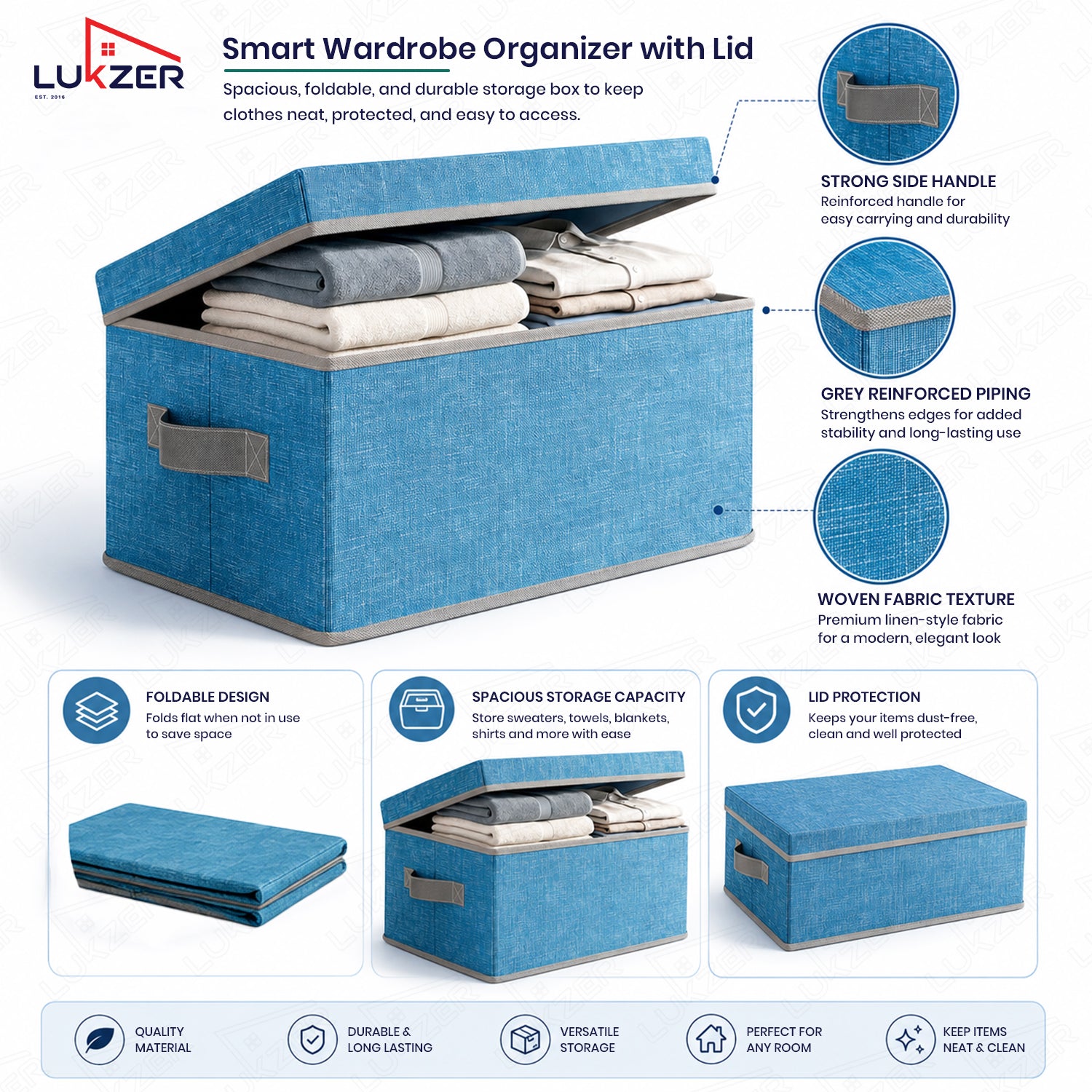 Lukzer 1Pc Blue & Grey Foldable Storage Box with Lid & Reinforced Handle (Lining)