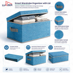 Lukzer 1Pc Blue & Grey Foldable Storage Box with Lid & Reinforced Handle (Lining)