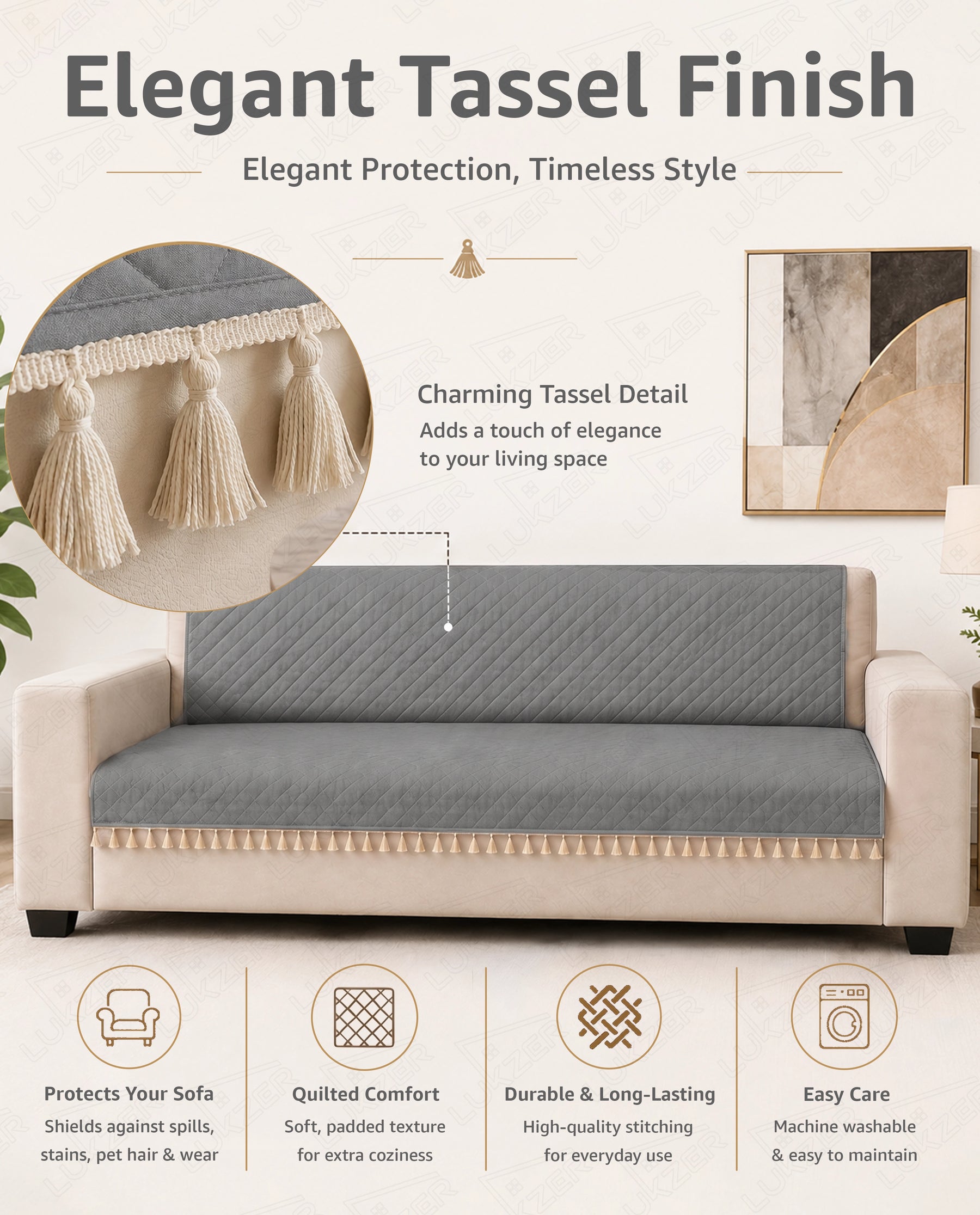 Lukzer 5 Seater Quilted Sofa Cover Mat with Tassels - 3+1+1 Seat - Stone Grey - SC-193-05T