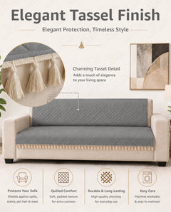 Lukzer 5 Seater Quilted Sofa Cover Mat with Tassels - 3+1+1 Seat - Stone Grey - SC-193-05T