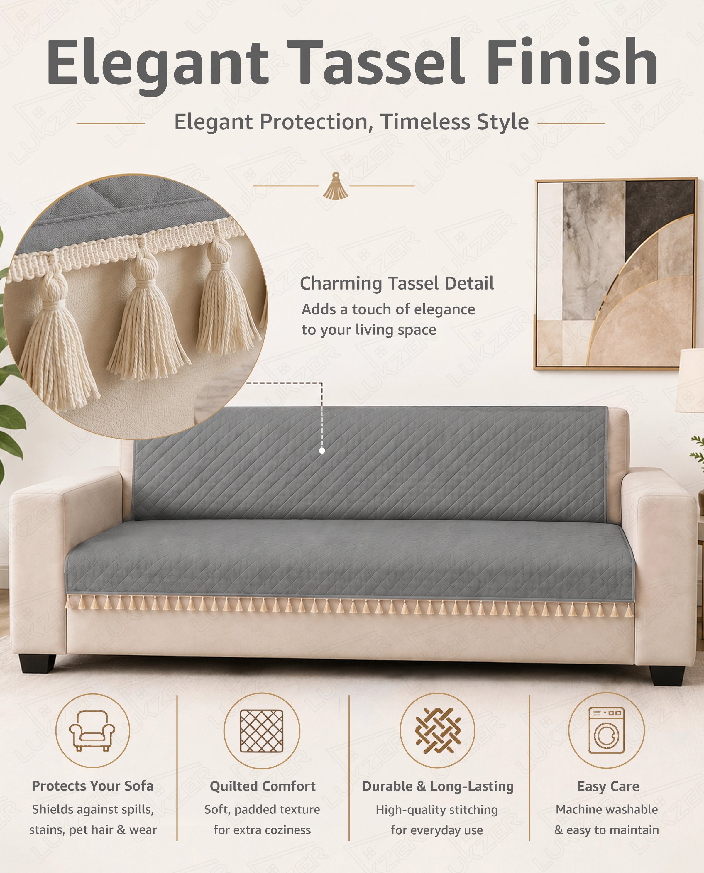 Lukzer 5 Seater Quilted Sofa Cover Mat with Tassels - 3+1+1 Seat - Stone Grey - SC-193-05T