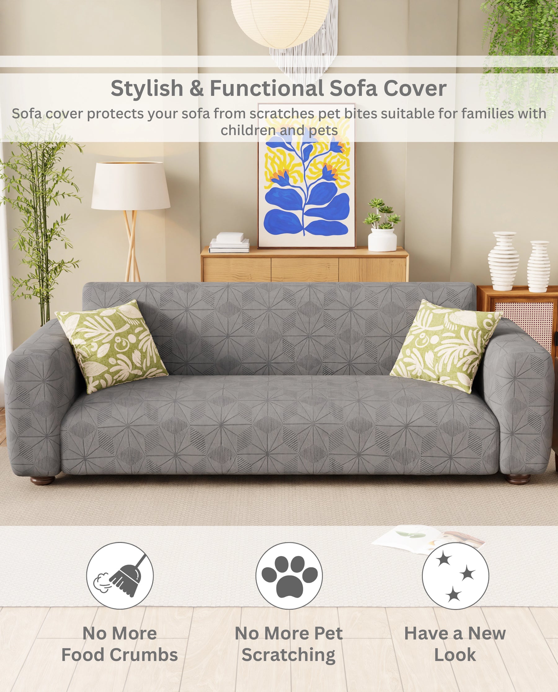 Lukzer Pastel Shades Textured Sofa Cover - Dark Grey Starlight Grid (SC-140-01)