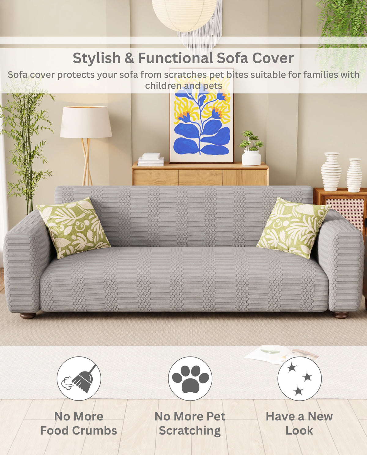 Lukzer Pastel Shades Textured Sofa Cover - Light Grey Dotted Stripe (SC-067-01)
