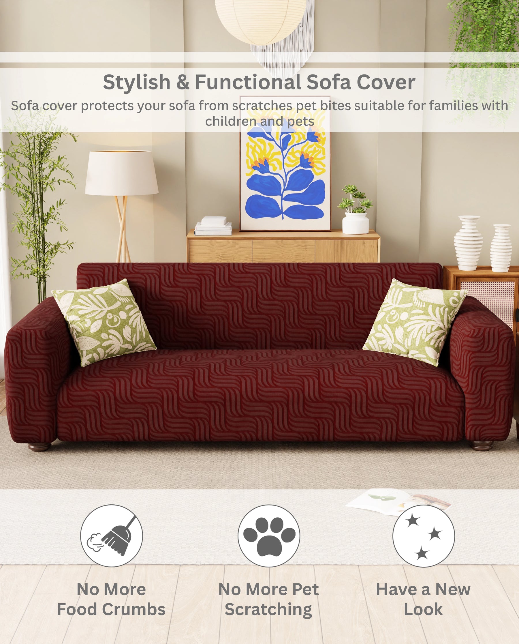Lukzer Pastel Shades Textured Sofa Cover -  Deep Maroon Ripple Lines (SC-165-01)