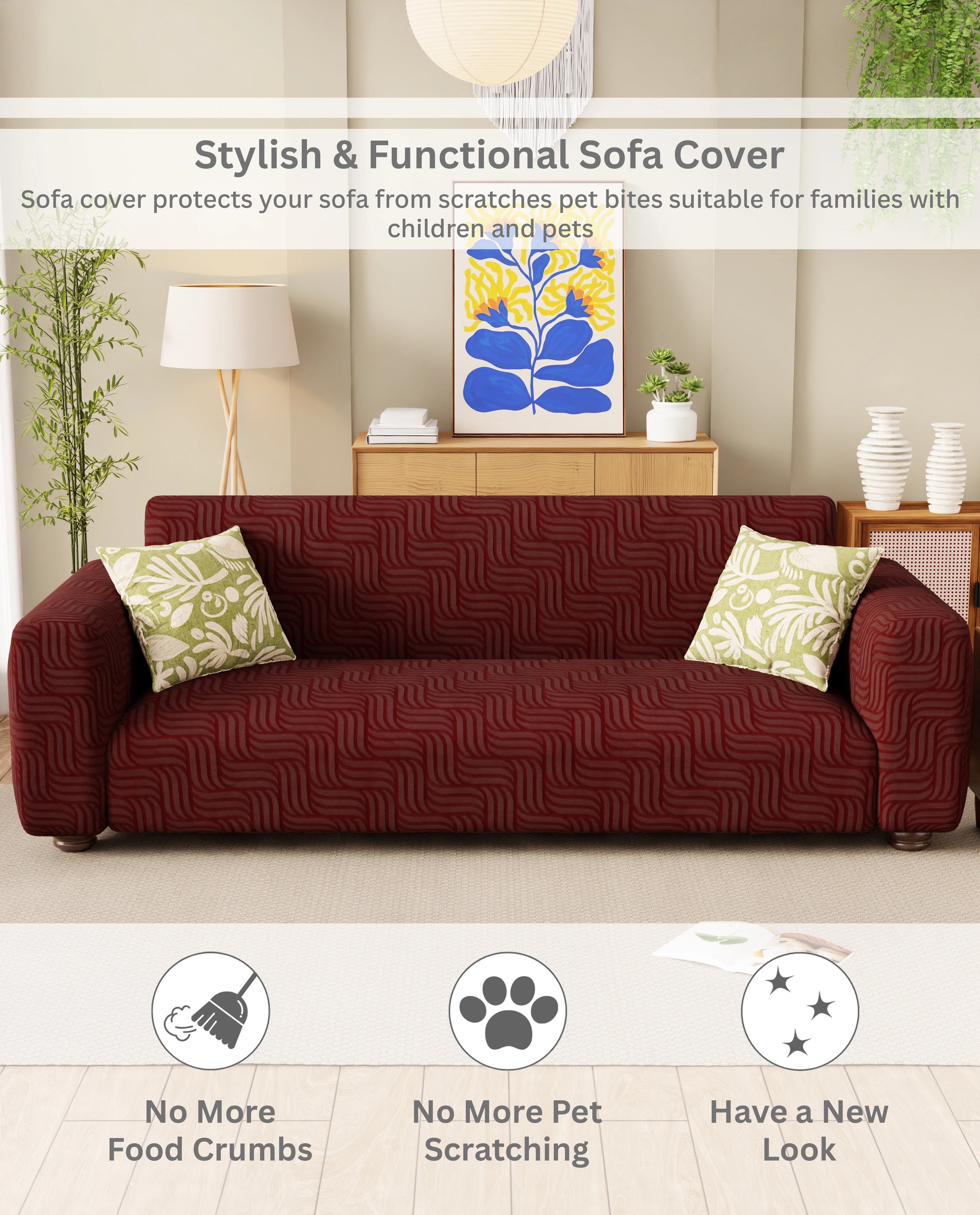Lukzer Pastel Shades Textured Sofa Cover -  Deep Maroon Ripple Lines (SC-165-01)
