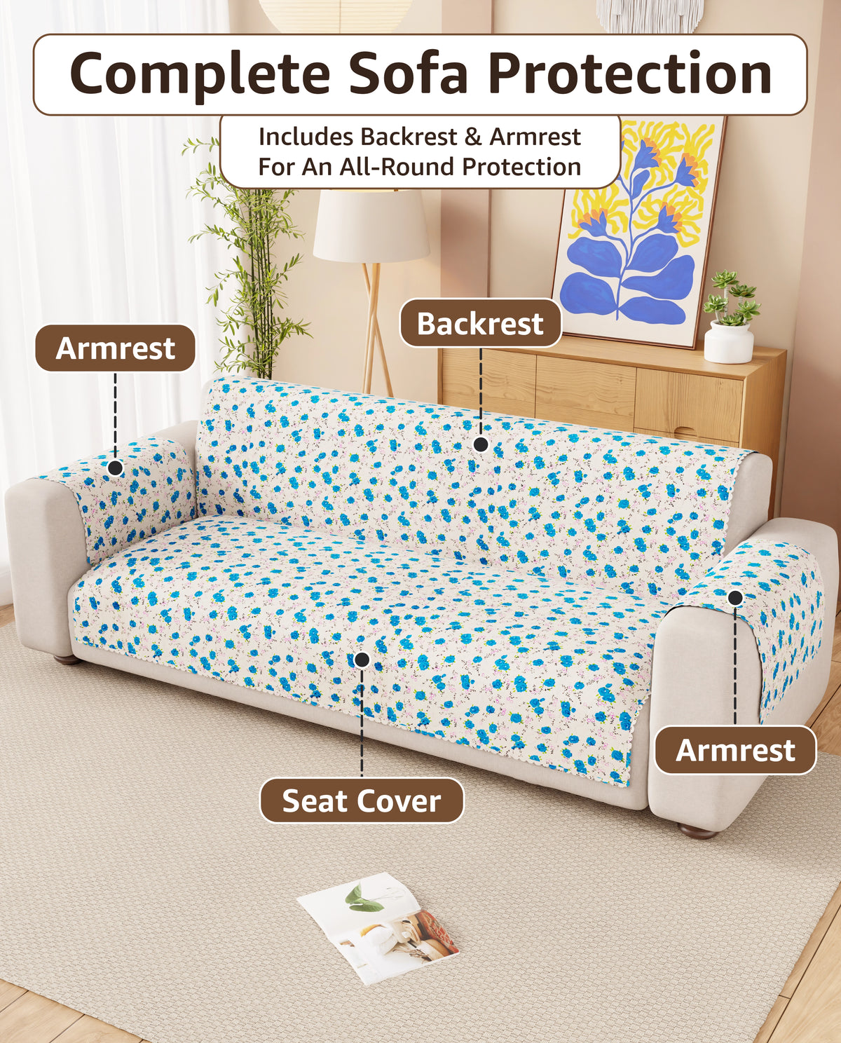 Lukzer Quilted Reversible Ikat Rose Sofa Mat with WaveEdge Ultrasonic Cut (WITH BACK & HAND REST) - SC-203-01WB