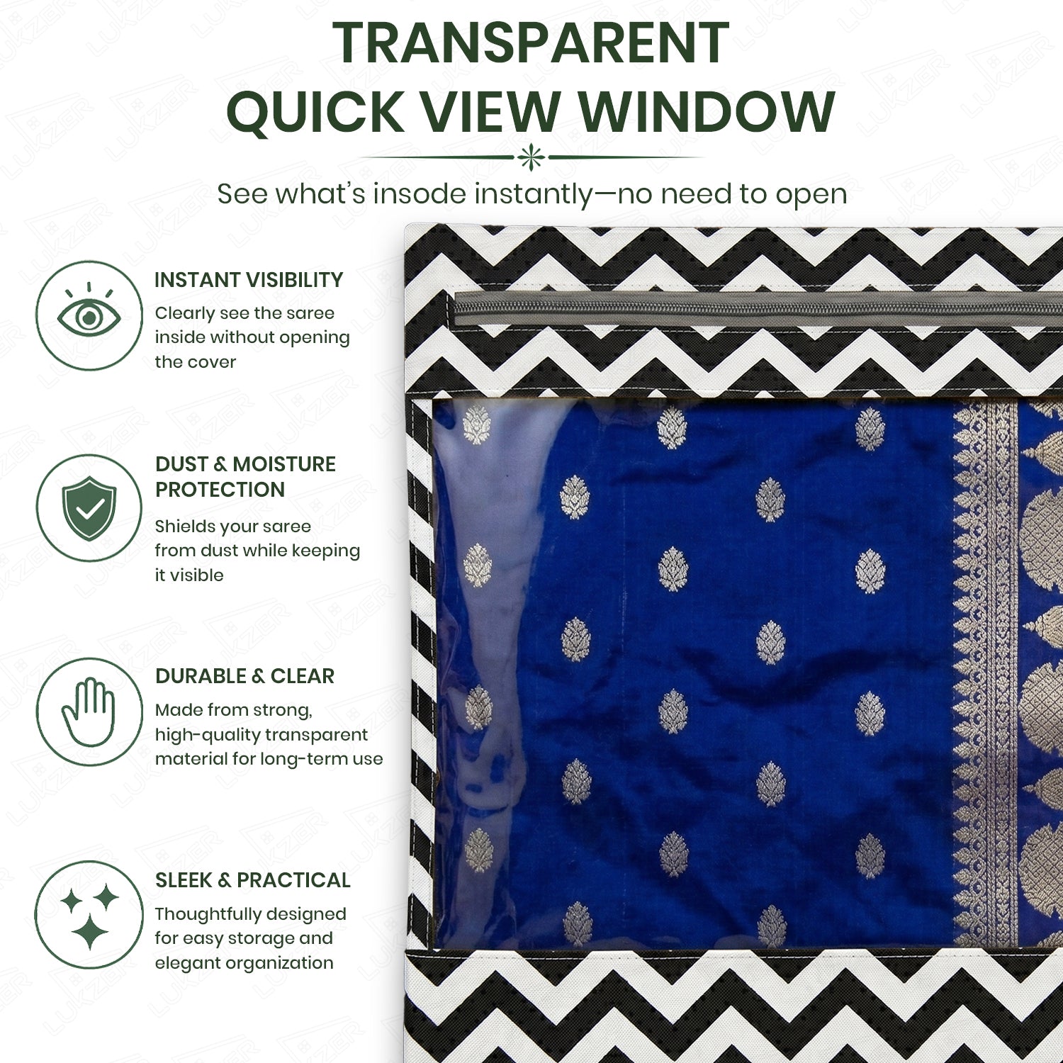 Lukzer 12 Pcs Zigzag Printed Big Size with Zip Closure & Transparent Window Saree Covers (Non-Woven)