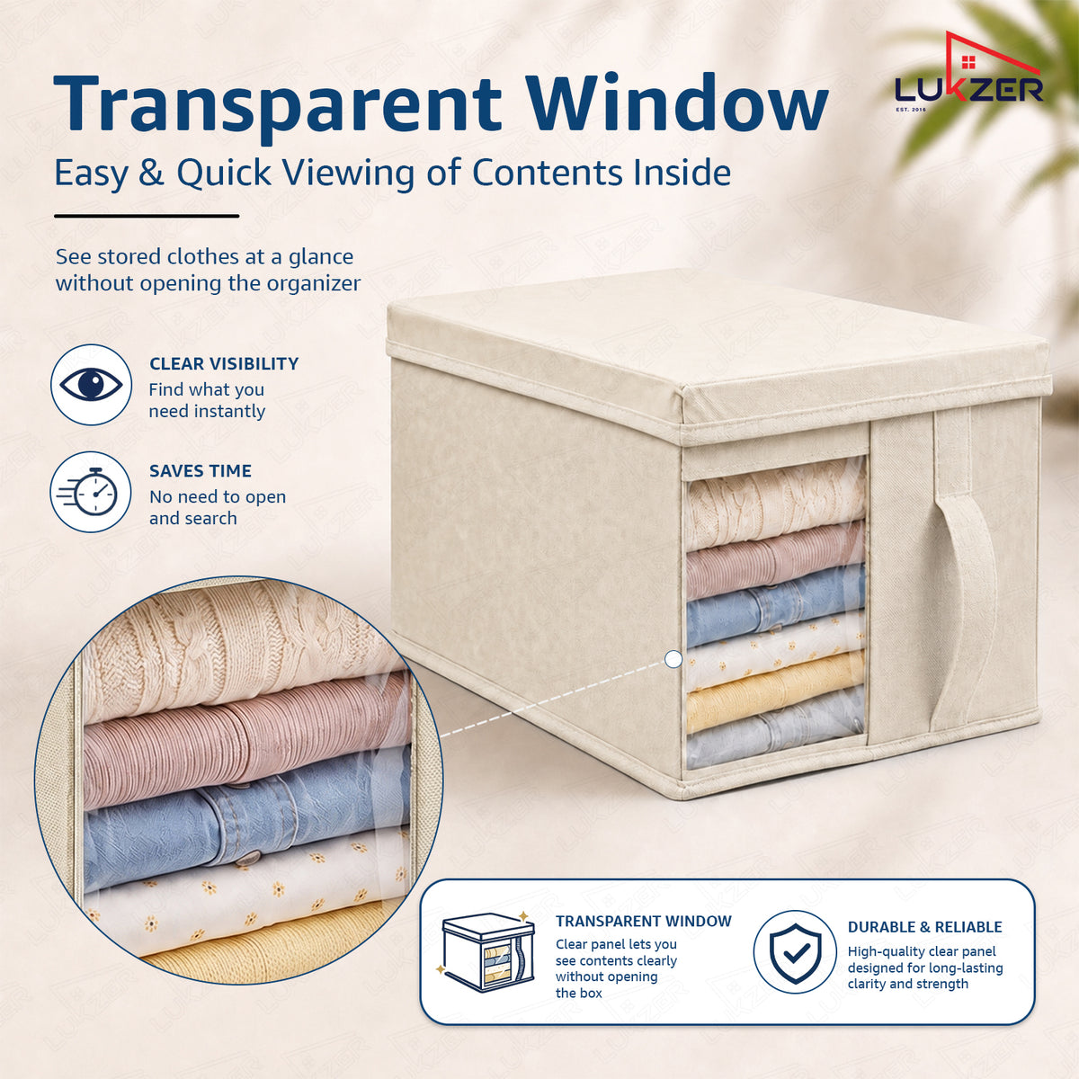 Lukzer 20 Liters Foldable Non-Woven Storage Box/Wardrobe Organizer with Lid - 1PC/Beige