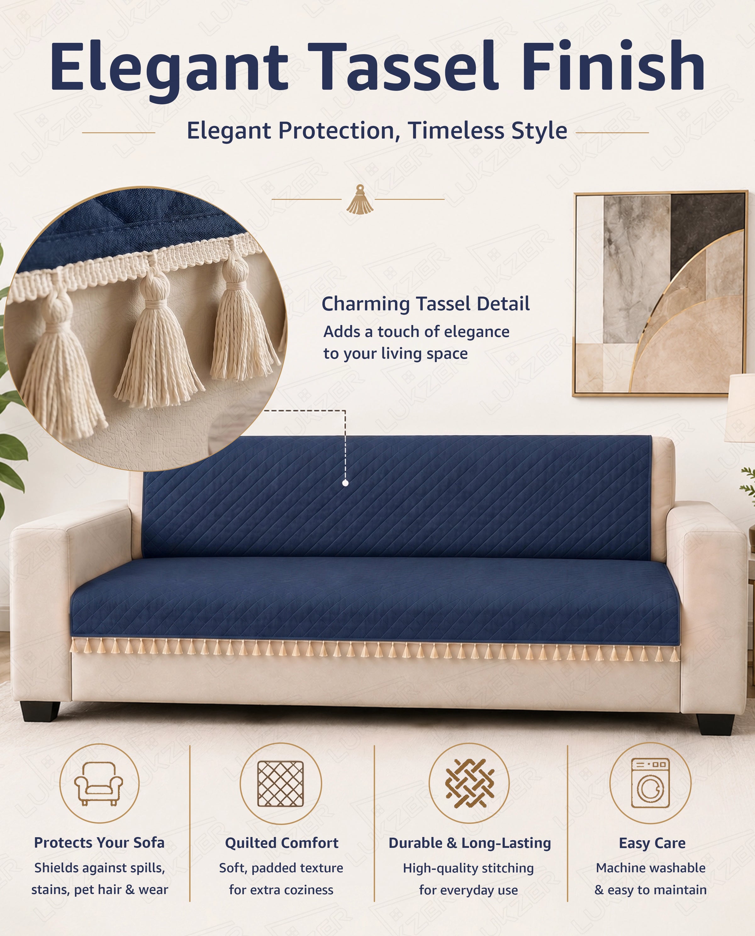 Lukzer 5 Seater Quilted Sofa Cover Mat with Tassels - 3+1+1 Seat - Midnight Blue - SC-191-05T