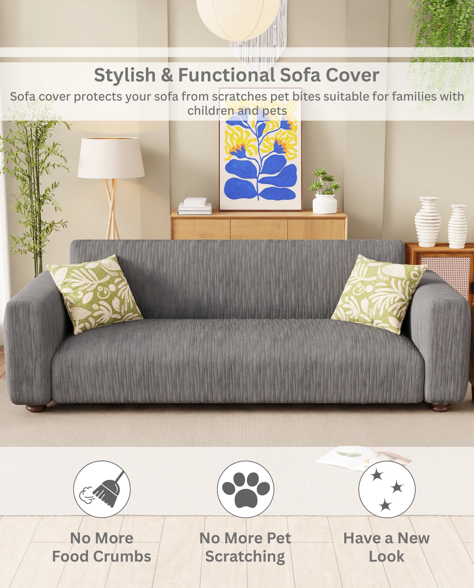 Lukzer Pastel Shades Textured Sofa Cover - Dark Grey Wavy Stripes (SC-147-01)