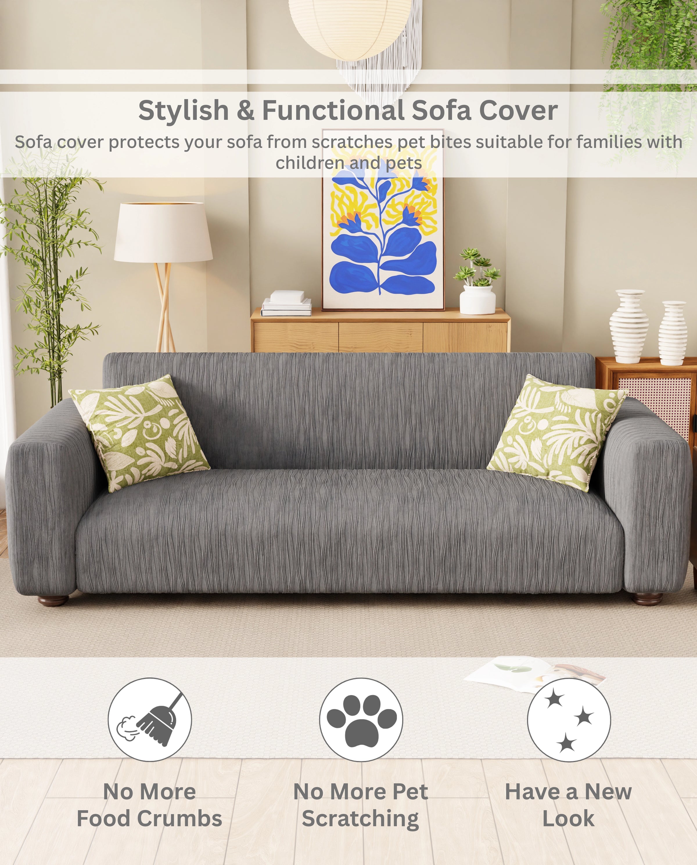 Lukzer Pastel Shades Textured Sofa Cover - Dark Grey Wavy Stripes (SC-147-01)
