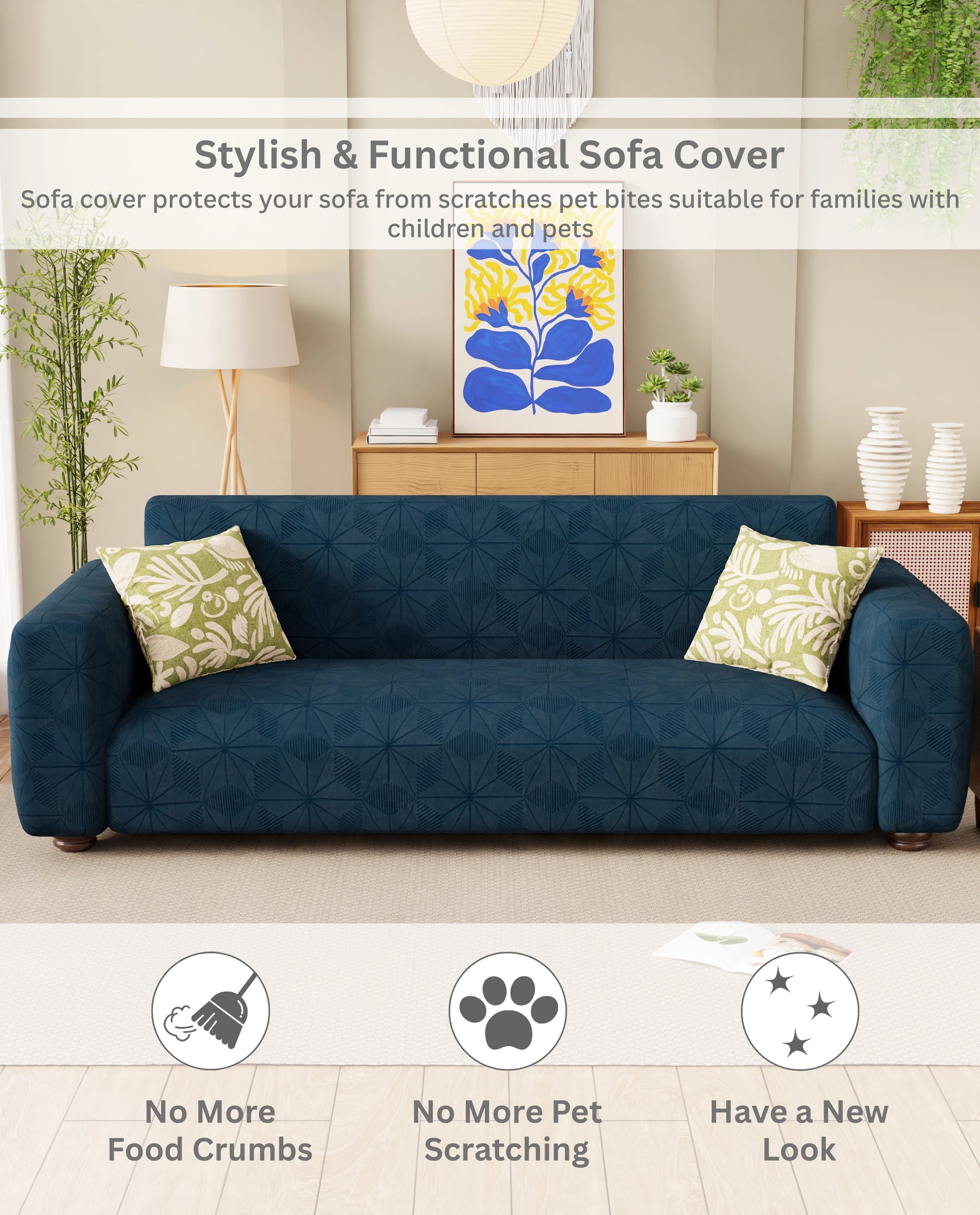Lukzer Pastel Shades Textured Sofa Cover - Marine Blue Starlight Grid (SC-146-01)