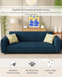 Lukzer Pastel Shades Textured Sofa Cover - Marine Blue Starlight Grid (SC-146-01)