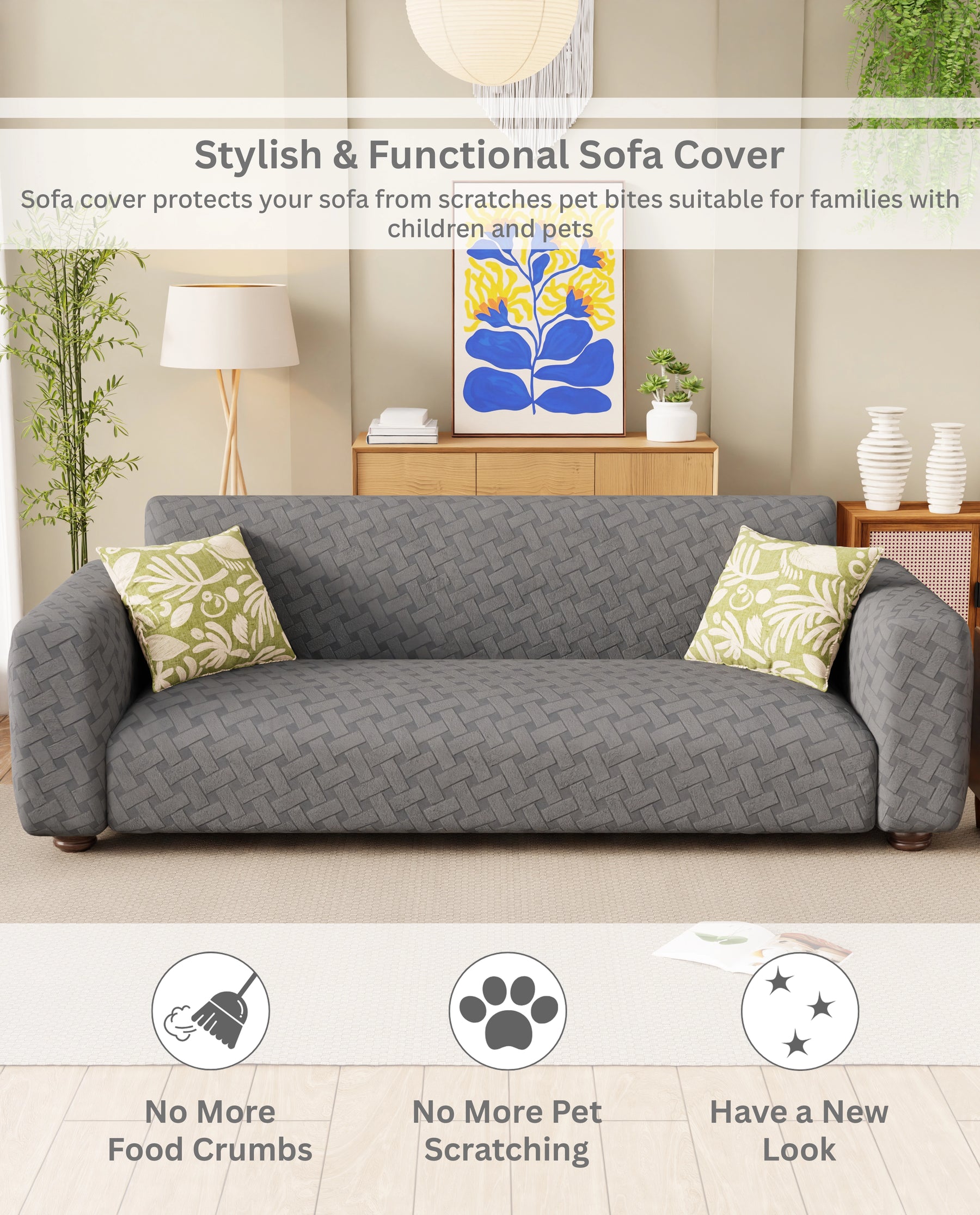 Lukzer Pastel Shades Textured Sofa Cover -  Dark Grey Basket Weave (SC-111-01)