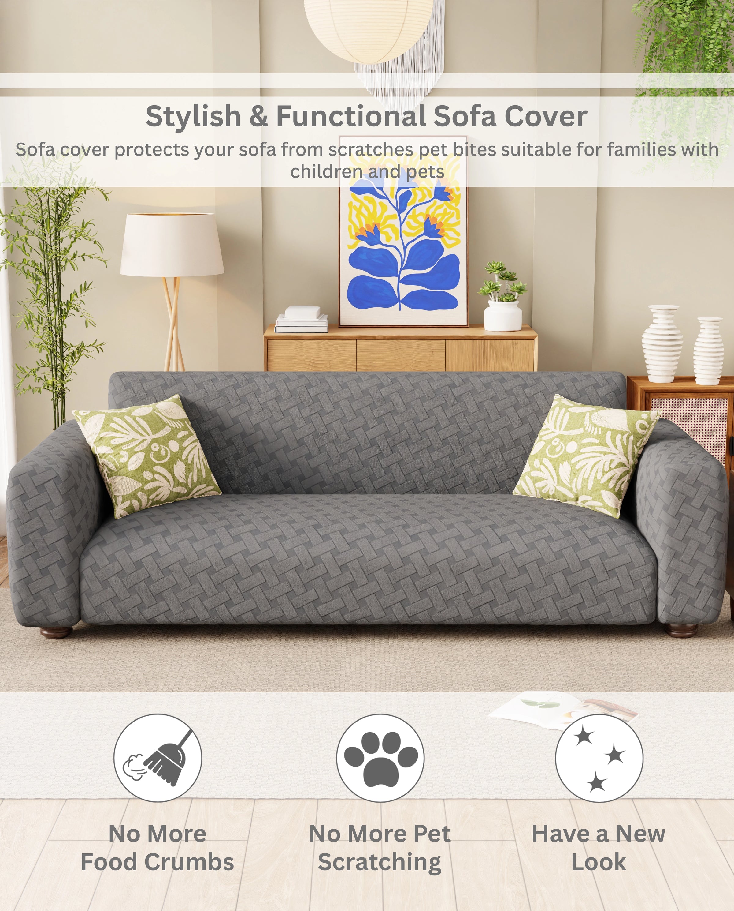 Lukzer Pastel Shades Textured Sofa Cover -  Dark Grey Basket Weave (SC-111-01)