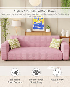 Lukzer Pastel Shades Textured Sofa Cover - Pink Dotted Stripe (SC-068-01)