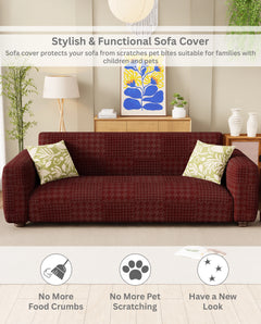 Lukzer Pastel Shades Textured Sofa Cover - Deep Maroon Square Knit (SC-179-01)