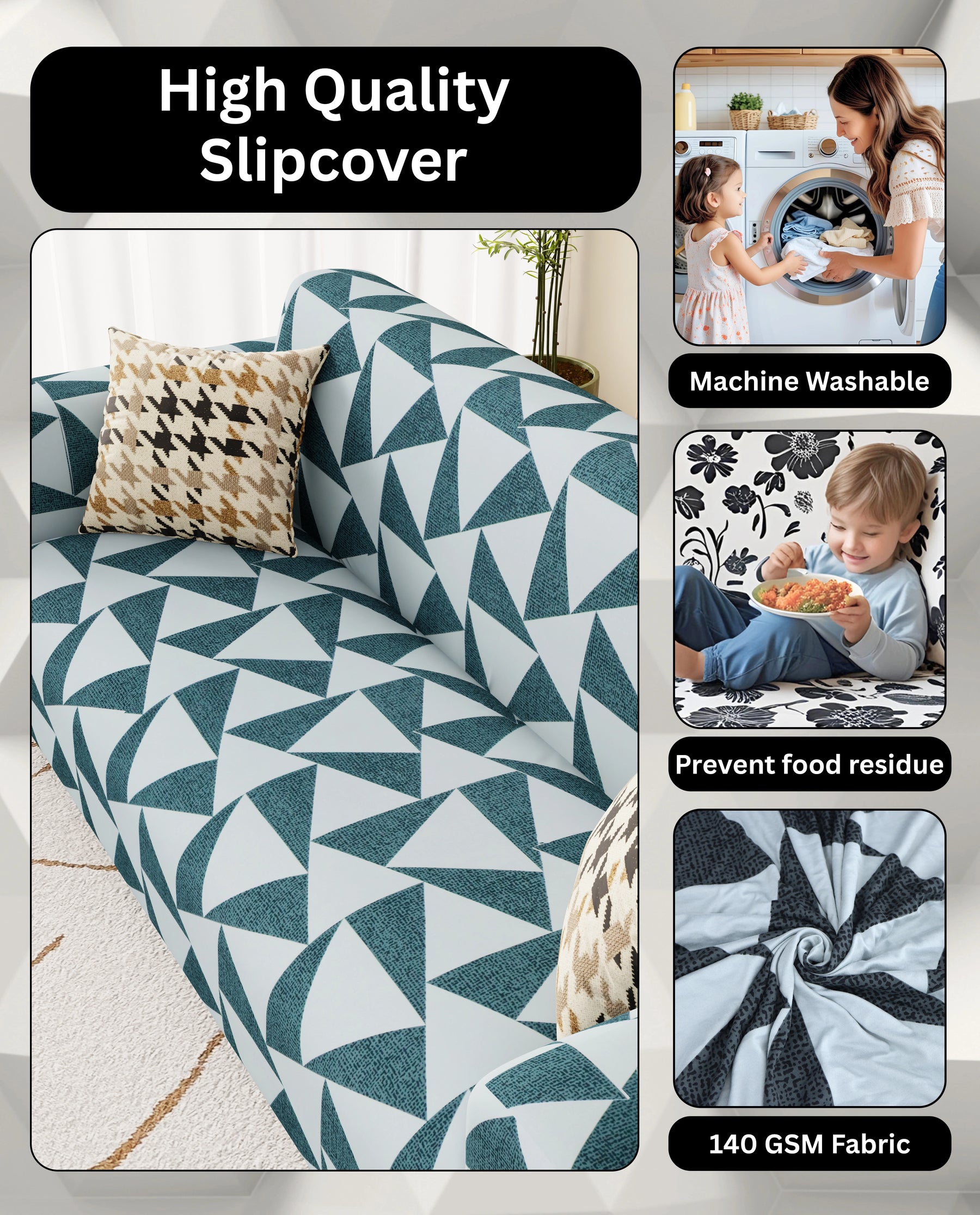 Lukzer Polyester Sofa Cover - Grey & White Triangle (SC-037-01)