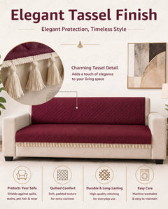 Lukzer 2 Seater Quilted Sofa Cover Mat with Tassels - Cranberry Red - SC-194-02T