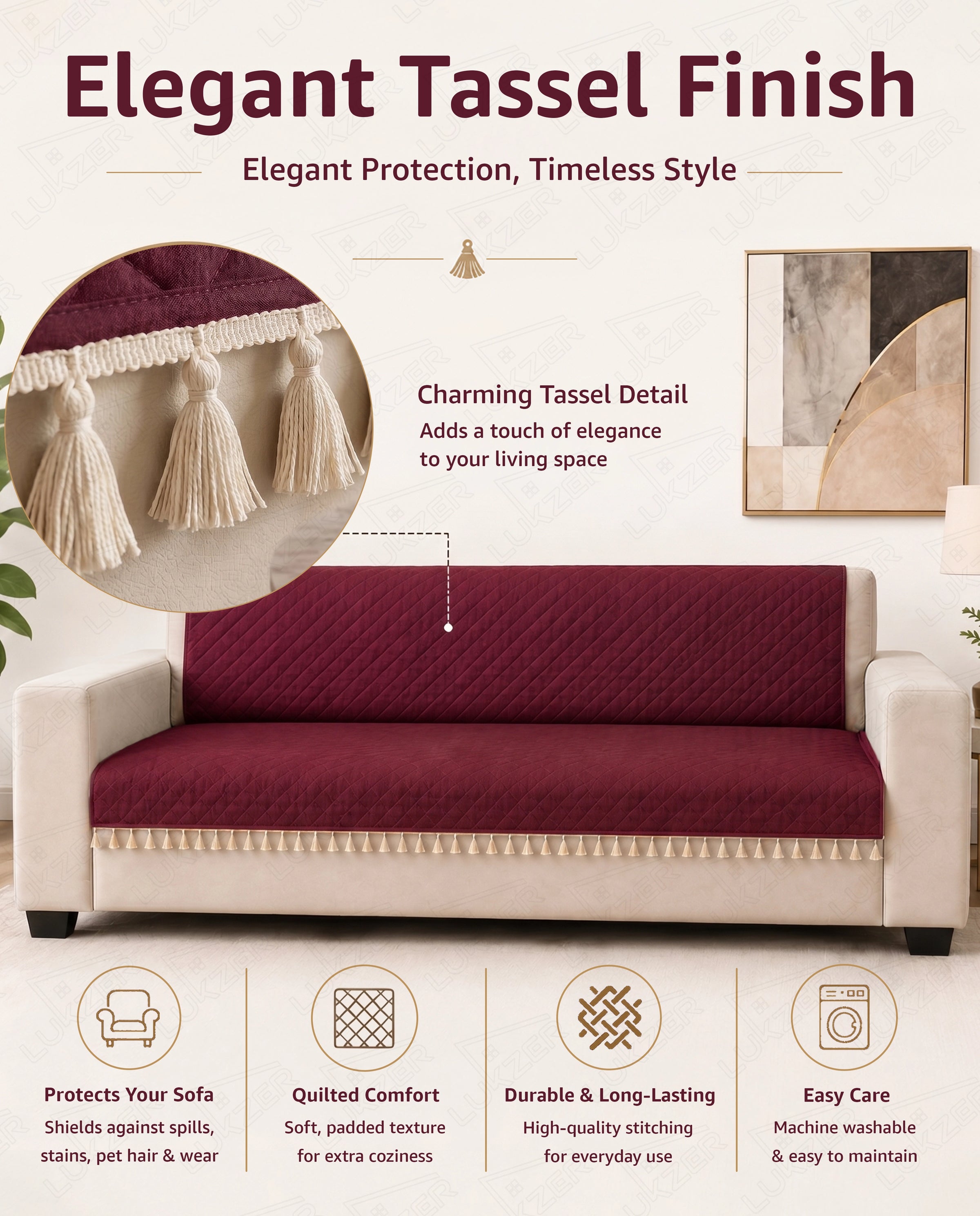Lukzer 2 Seater Quilted Sofa Cover Mat with Tassels - Cranberry Red - SC-194-02T