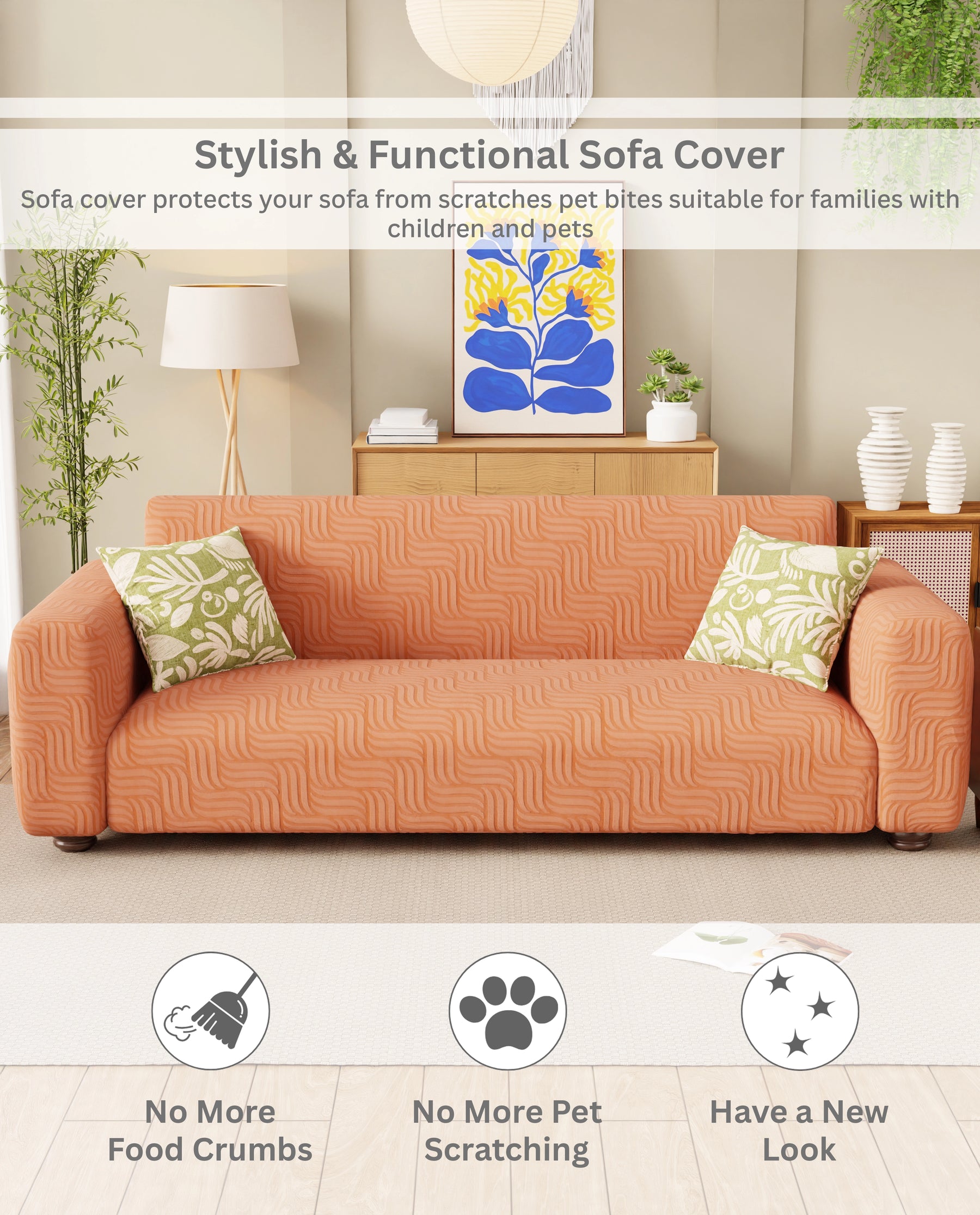 Lukzer Pastel Shades Textured Sofa Cover -  Orange Ripple Lines (SC-162-01)