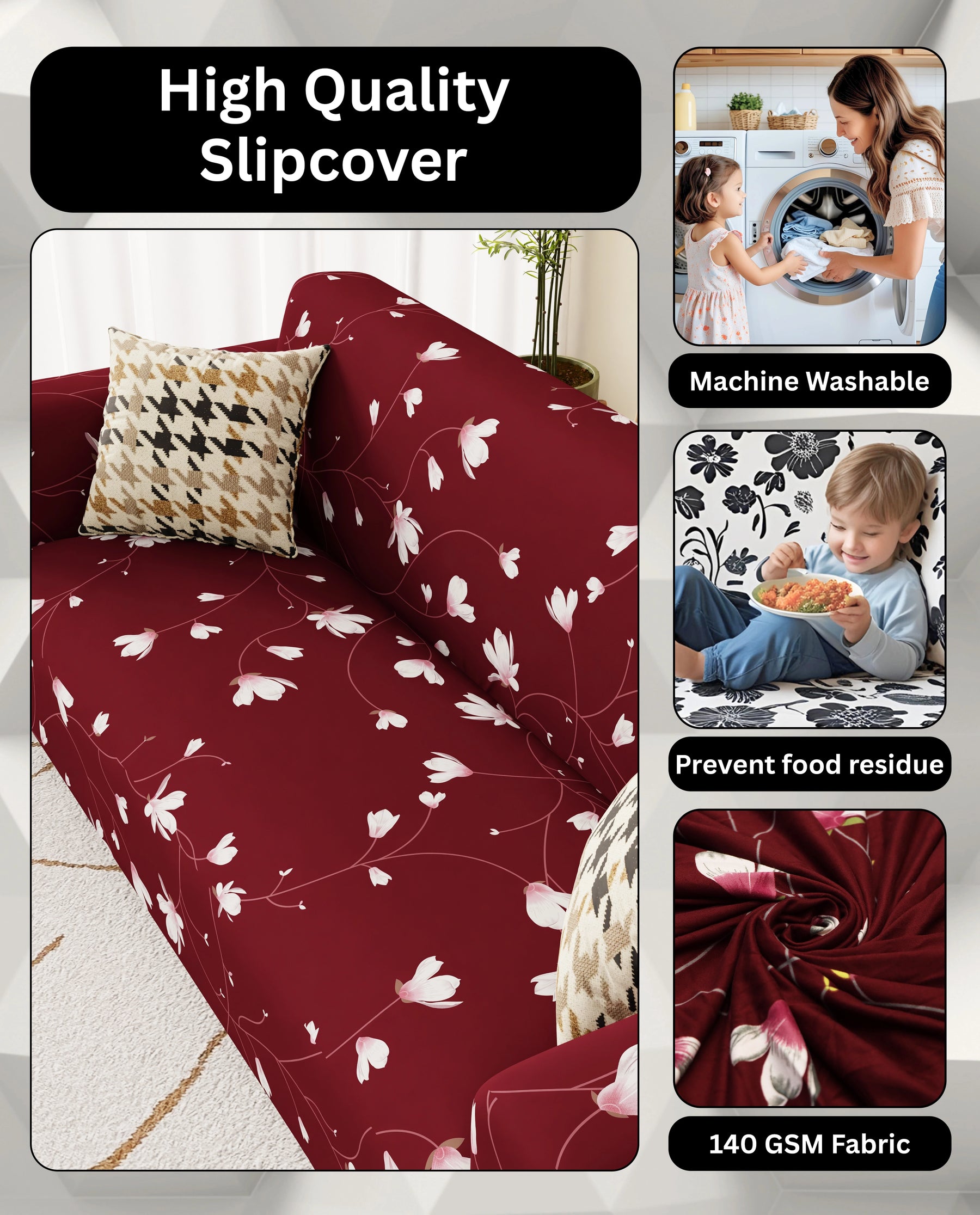 Lukzer Polyester Sofa Cover Maroon Flower (SC-009-01)