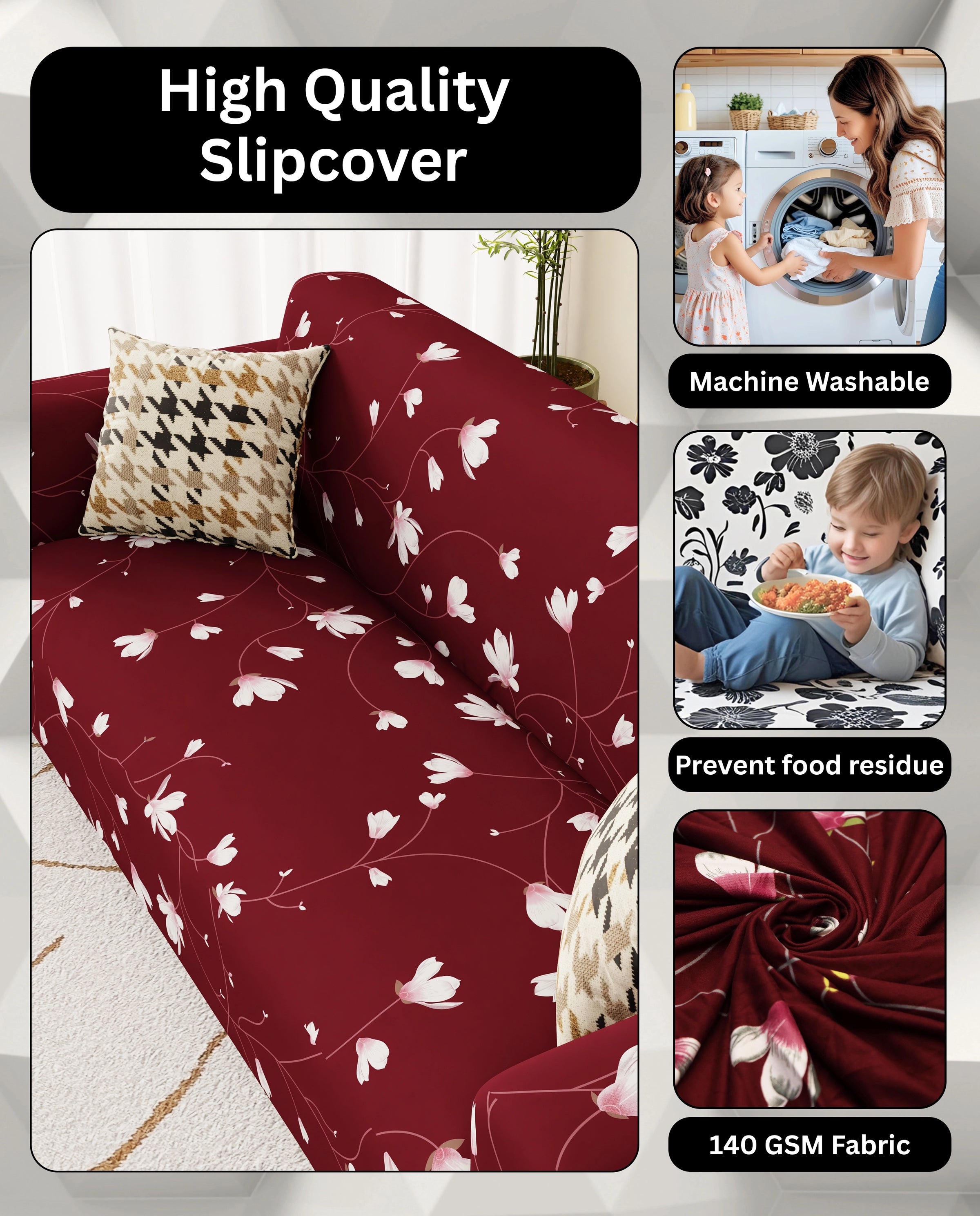 Lukzer Polyester Sofa Cover Maroon Flower (SC-009-01)