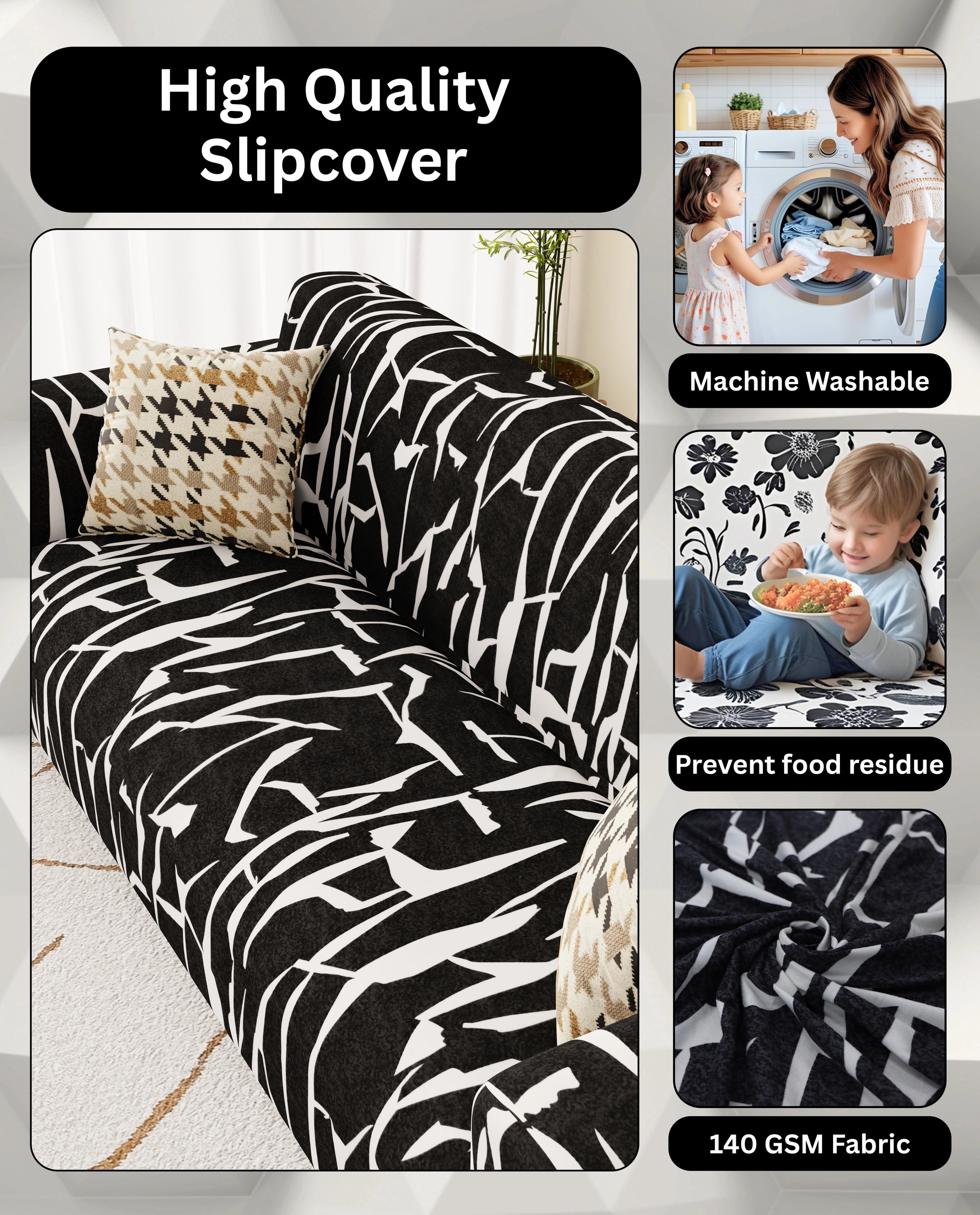 Lukzer Polyester Sofa Cover  Black & White (SC-026-01)