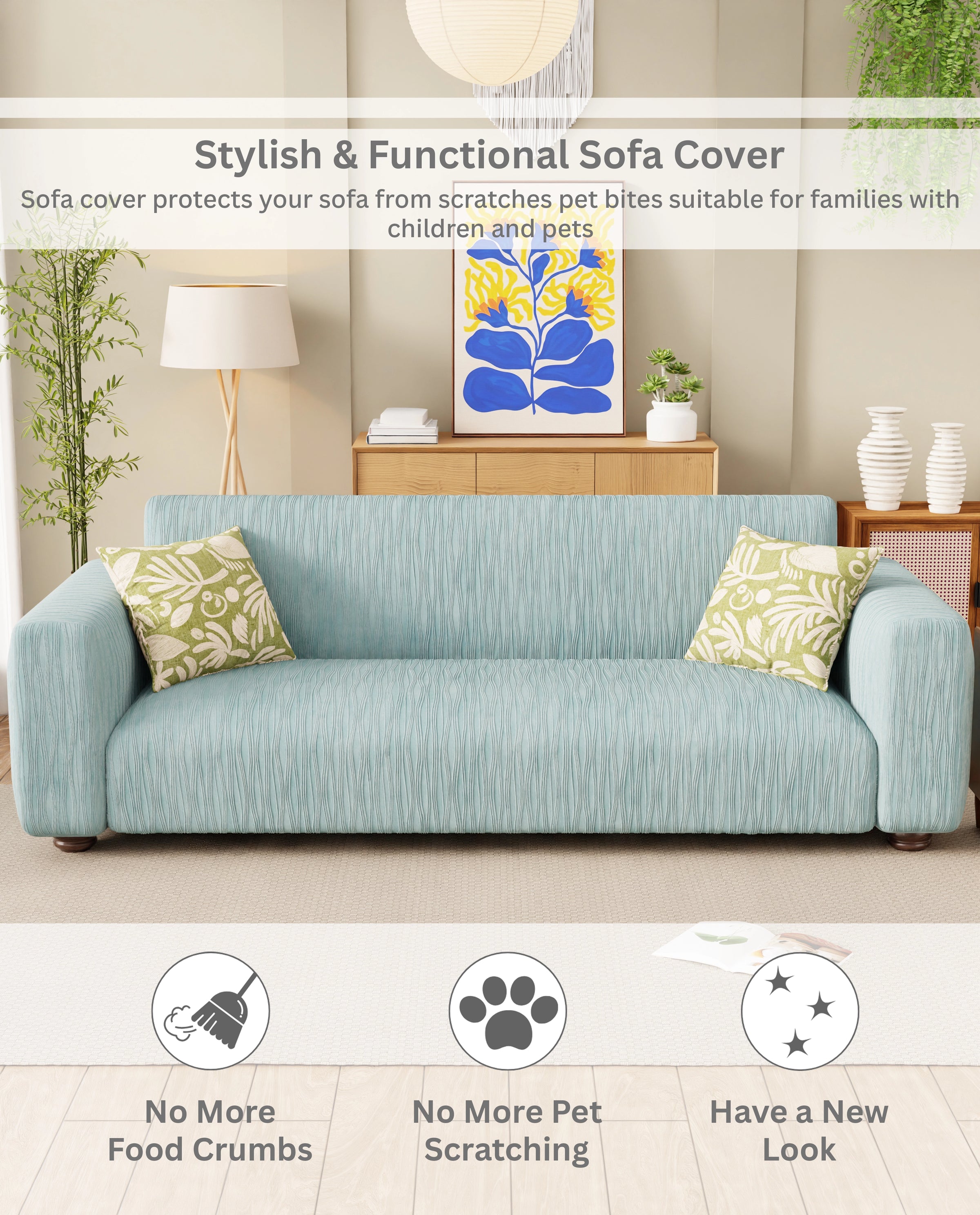 Lukzer Pastel Shades Textured Sofa Cover - Blue Wavy Stripes (SC-082-01)