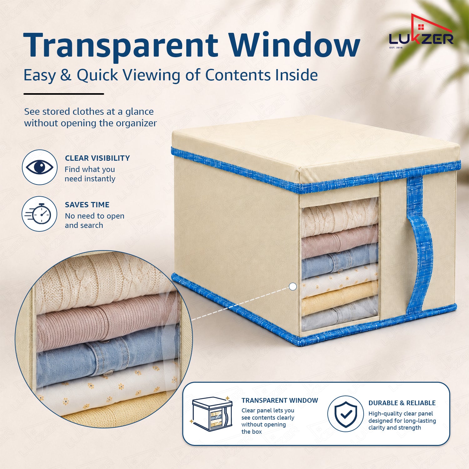 Lukzer 20 Liters Foldable Non-Woven Storage Box/Wardrobe Organizer with Lid - 4PC/Beige & Blue