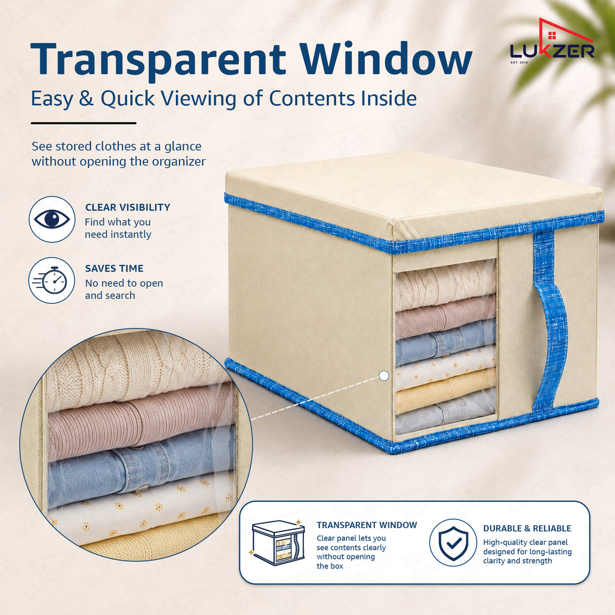 Lukzer 20 Liters Foldable Non-Woven Storage Box/Wardrobe Organizer with Lid - 4PC/Beige & Blue