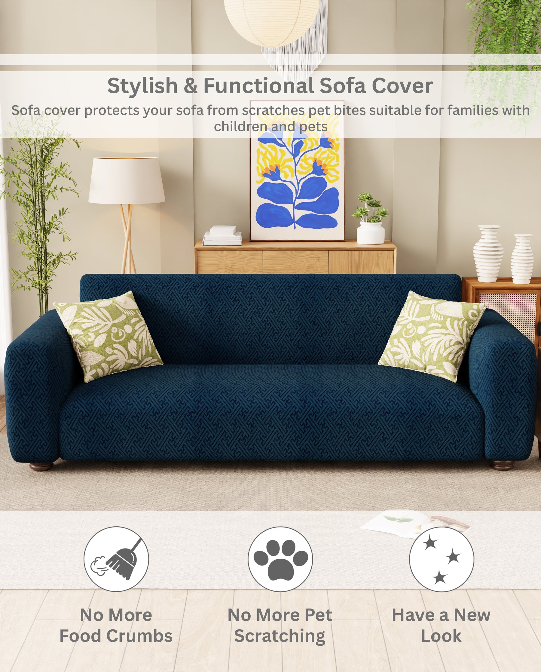 Lukzer Pastel Shades Textured Sofa Cover Marine Blue Grid Maze (SC-110-01)