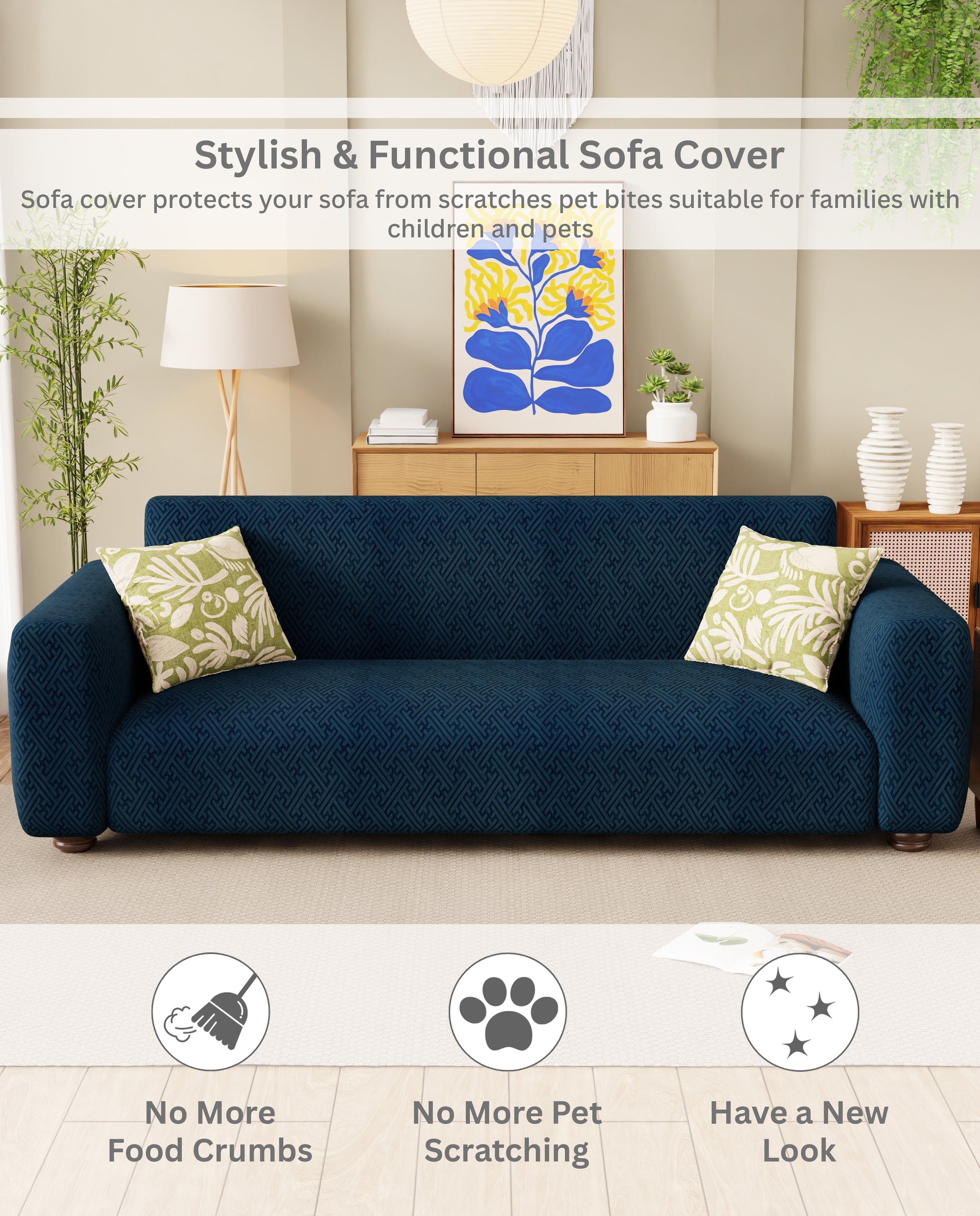 Lukzer Pastel Shades Textured Sofa Cover Marine Blue Grid Maze (SC-110-01)