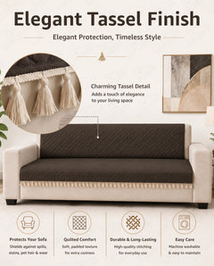 Lukzer 3 Seater Quilted Sofa Cover Mat with Tassels - Chocolate Brown - SC-192-03T
