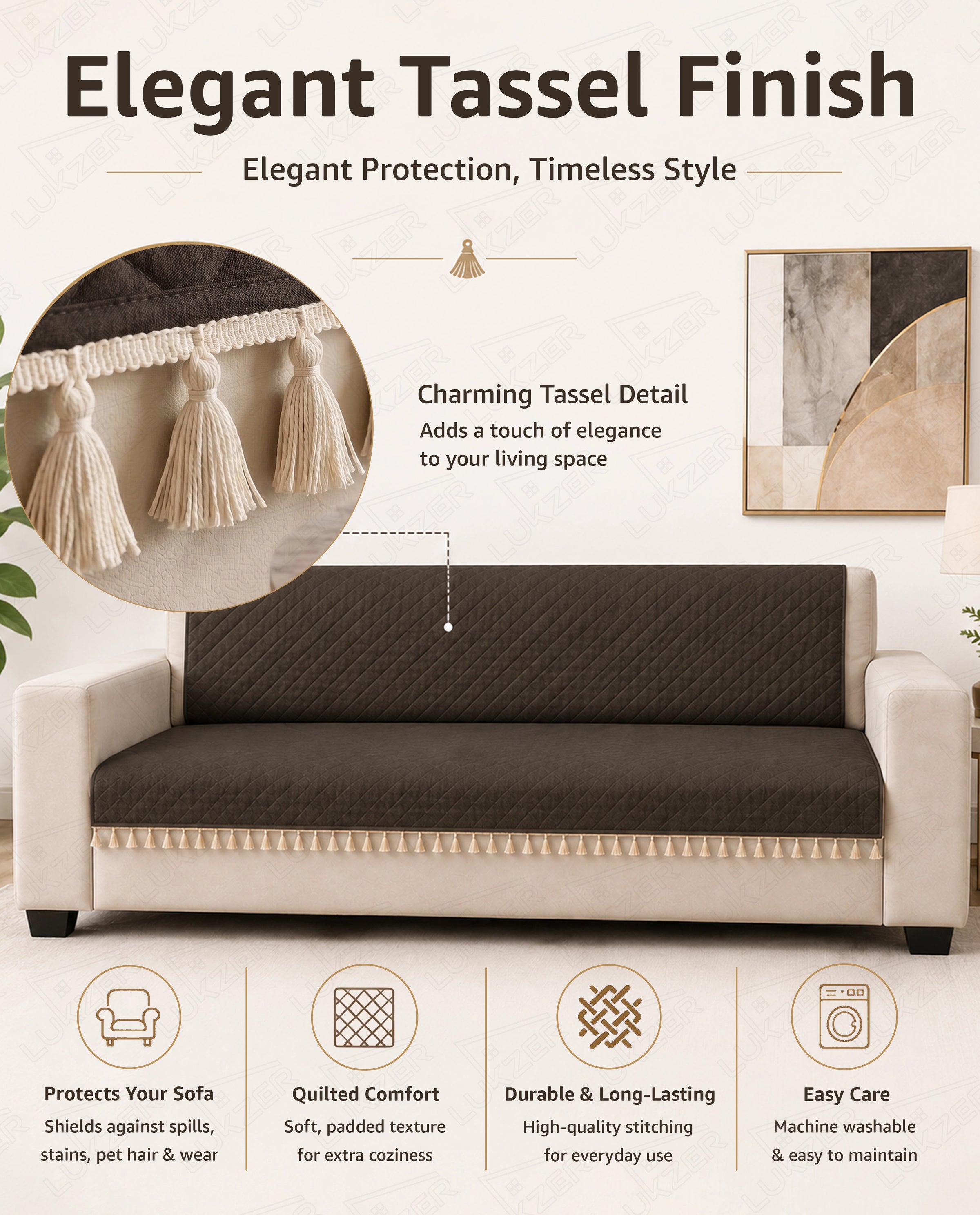 Lukzer 3 Seater Quilted Sofa Cover Mat with Tassels - Chocolate Brown - SC-192-03T