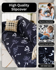 Lukzer Polyester Sofa Cover - Black with White Flower (SC-002-01)