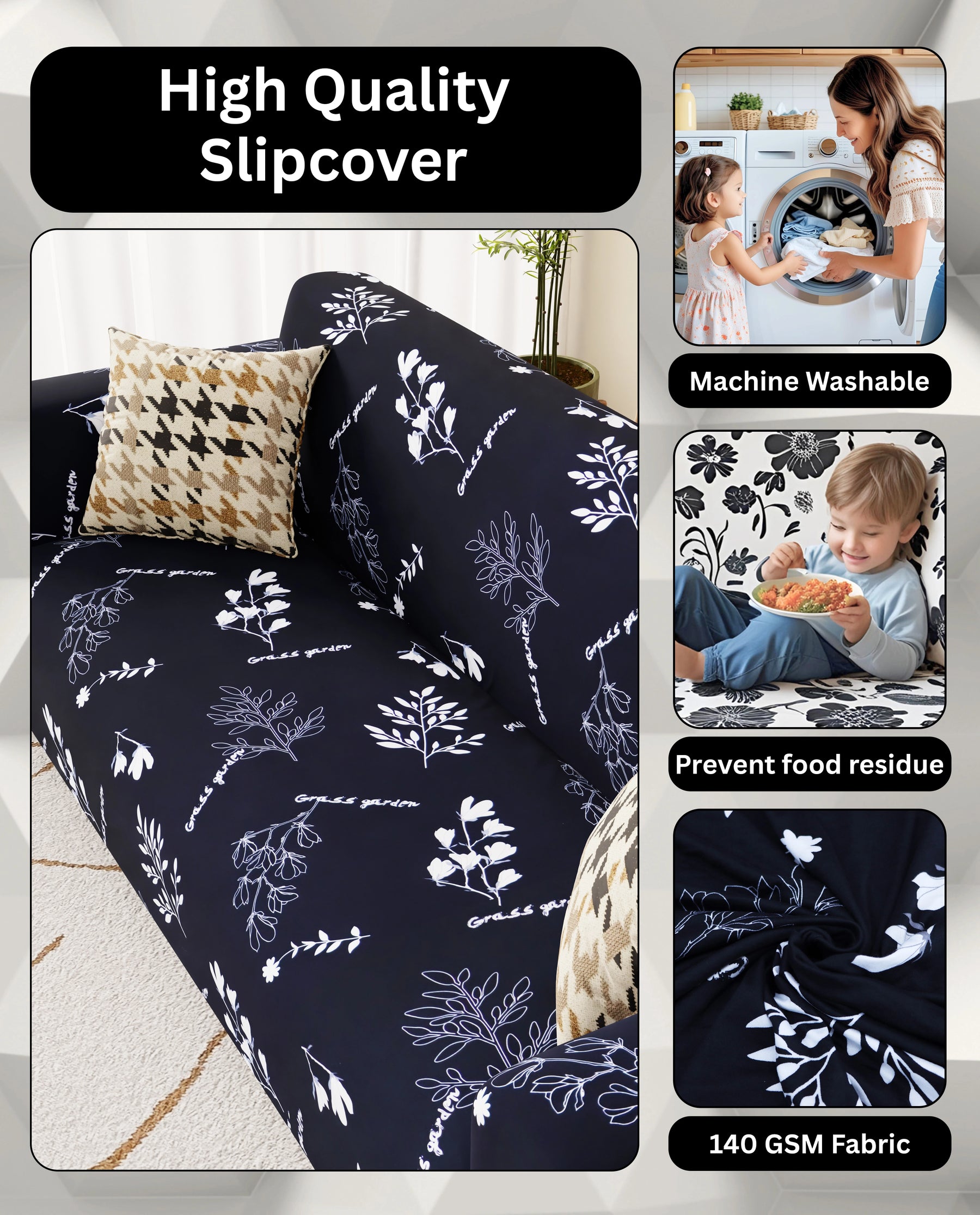 Lukzer Polyester Sofa Cover - Black with White Flower (SC-002-01)