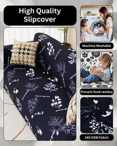 Lukzer Polyester Sofa Cover - Black with White Flower (SC-002-01)