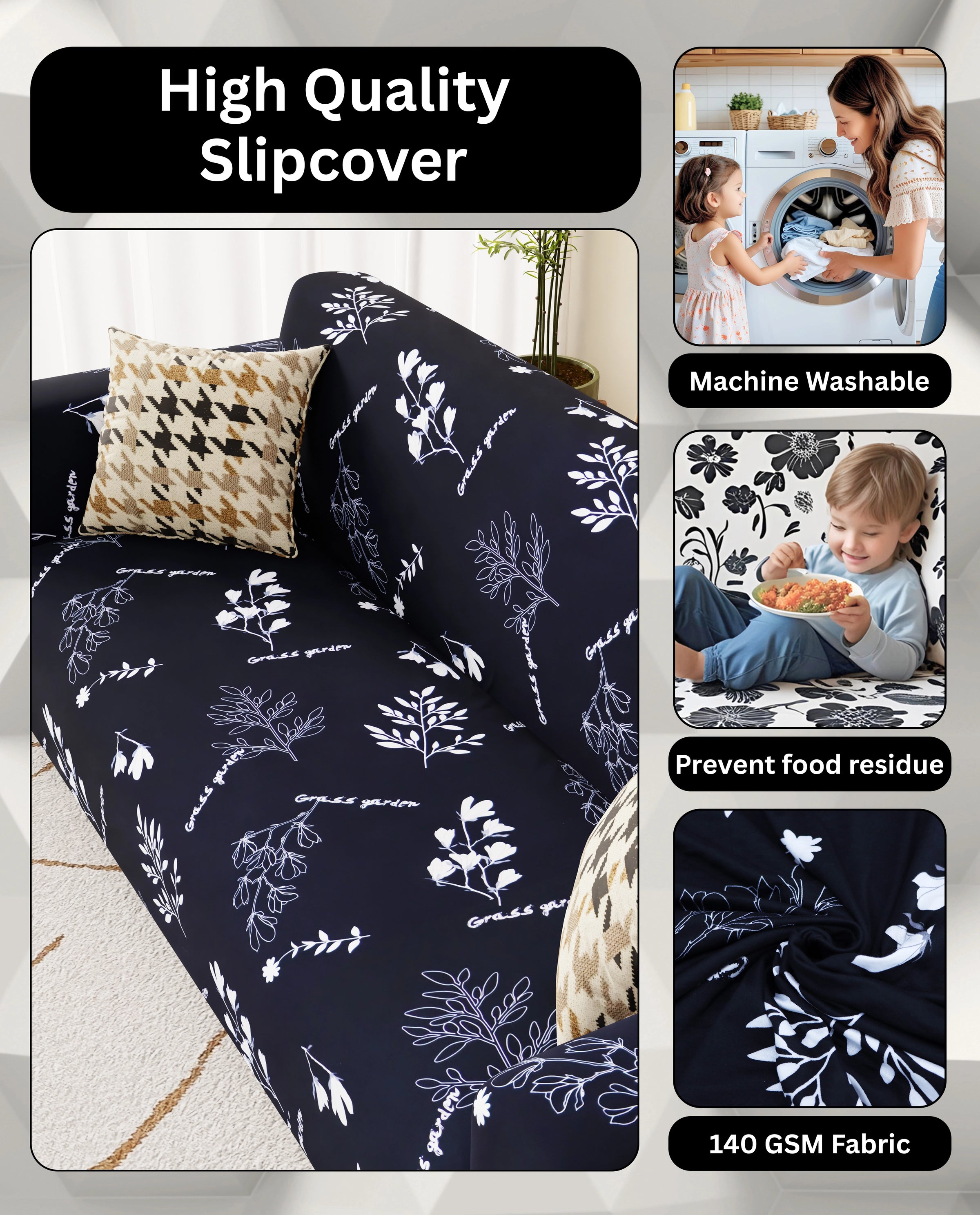 Lukzer Polyester Sofa Cover - Black with White Flower (SC-002-01)