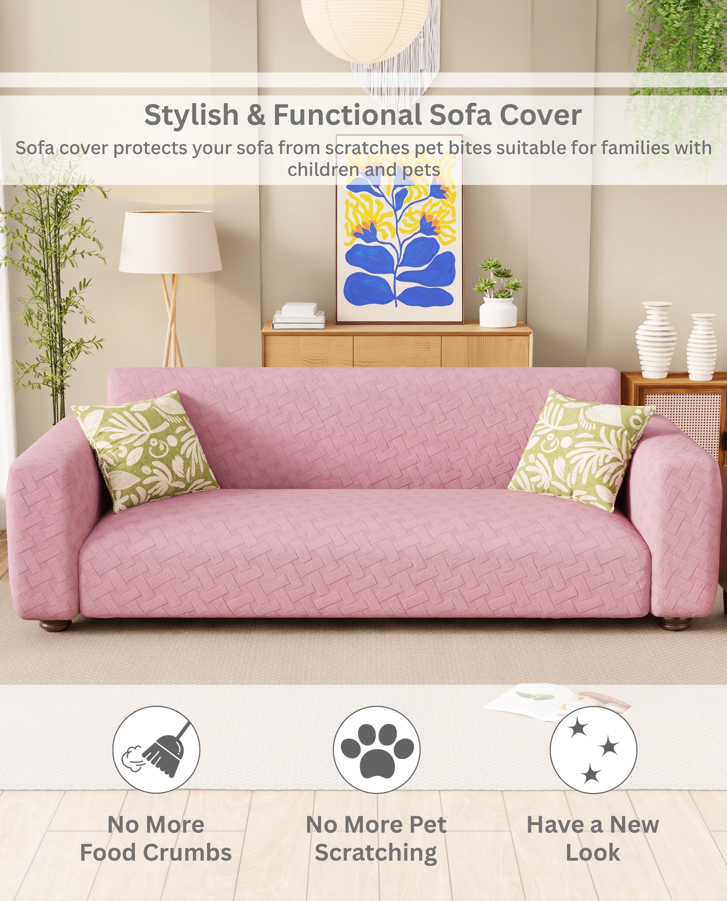 Lukzer Pastel Shades Textured Sofa Cover -  Pink Basket Weave (SC-115-01)
